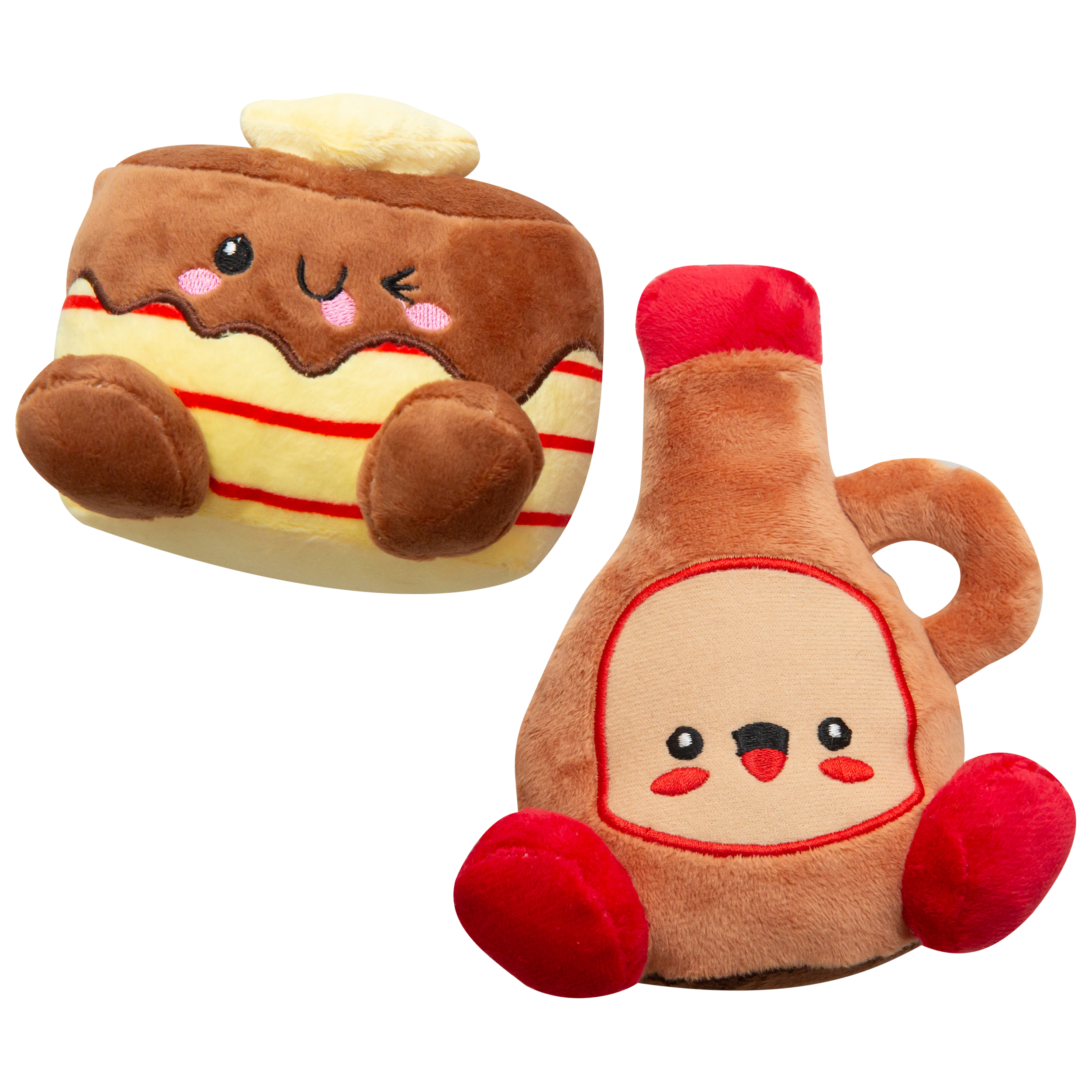 The Snugarooz Pancake and Syrup 2pk features a smiling pancake stack with butter and a happy syrup bottle, both in cute cartoon style and made from soft, eco-friendly materials.