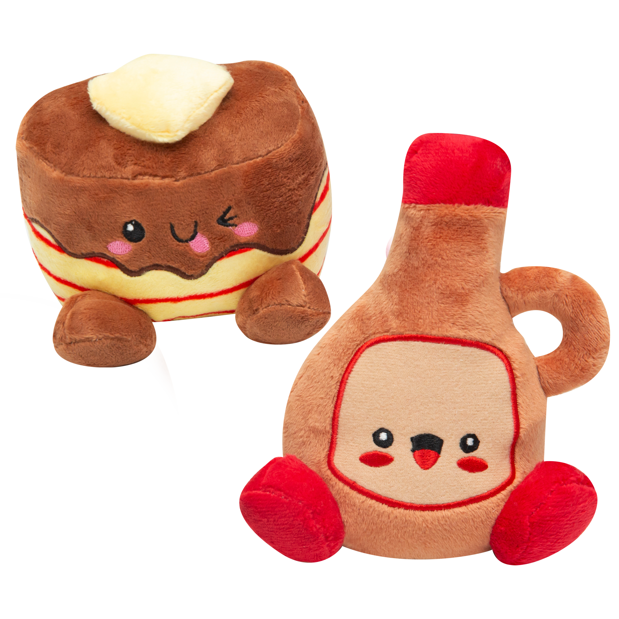 The Snugarooz Pancake and Syrup 2pk features a smiling pancake stack with butter and a happy syrup bottle, both in cute cartoon style and made from soft, eco-friendly materials.