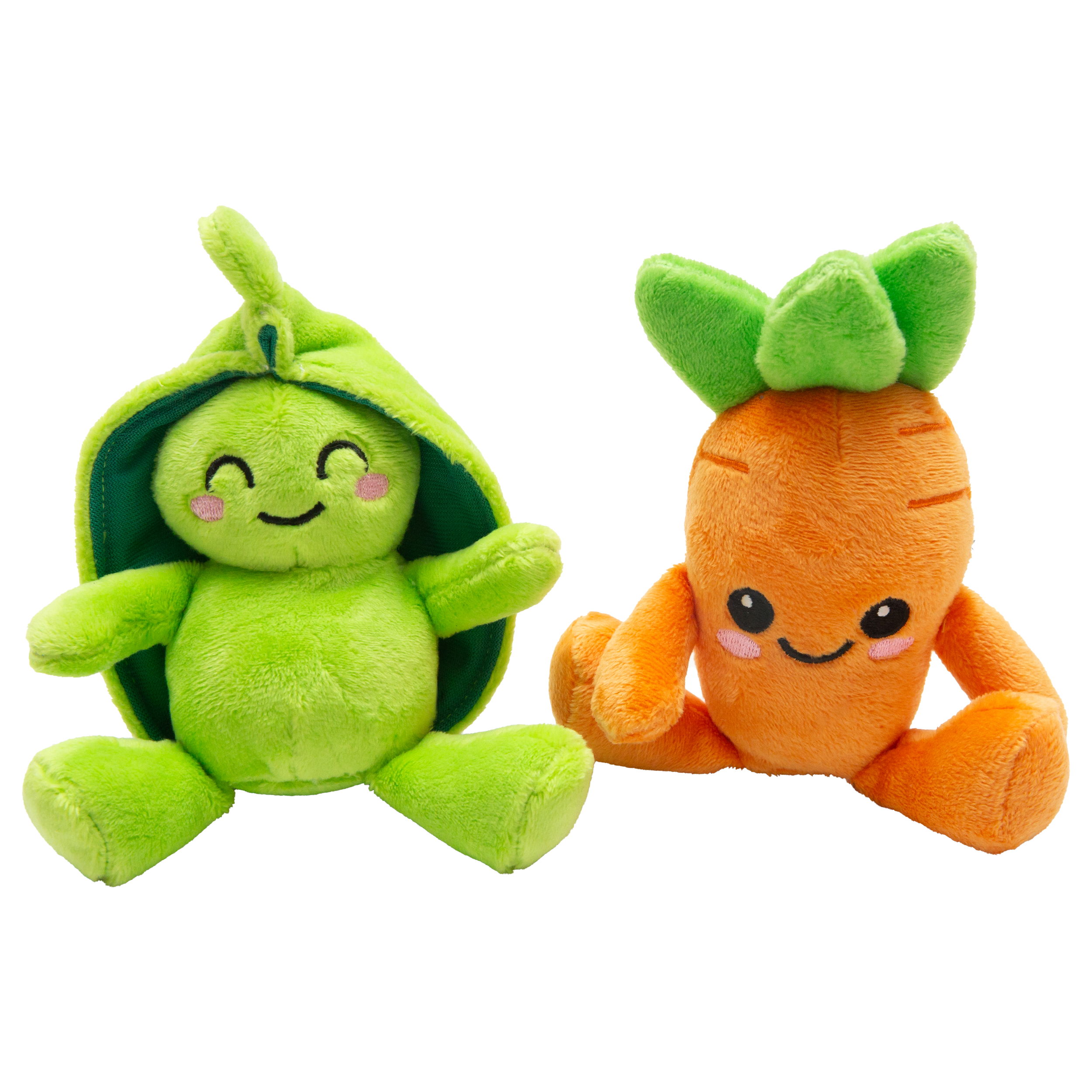 The Snugarooz Pea and Carrot 2pk features an eco-friendly plush green pea pod and orange carrot, both upright with cheerful faces, perfect as dog toys for playful pups.