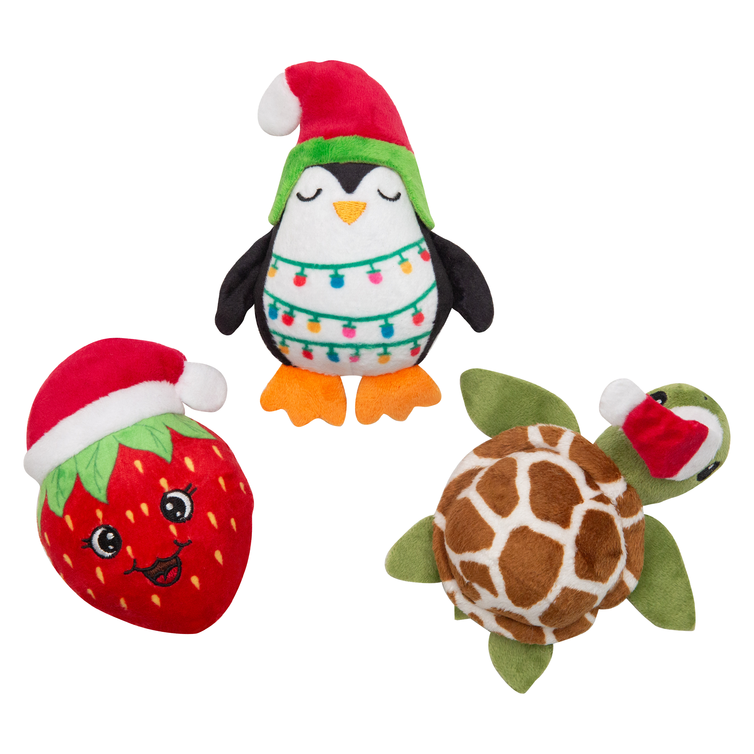 The Snugarooz Christmas Fun (Baby Berry, Shelldon & Merry Penguin) 3pk features festive dog toys with Santa hats, arranged on a white background—perfect for holiday play.