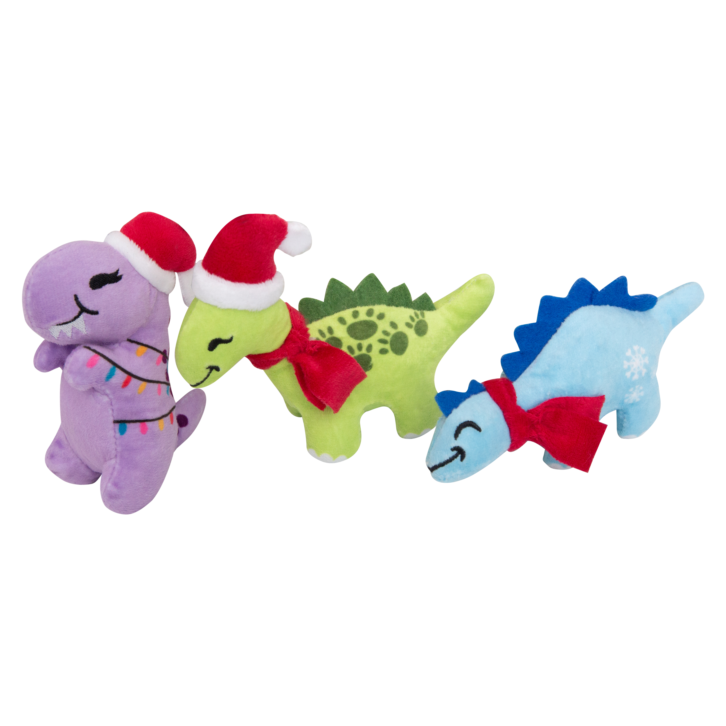 The Snugarooz Christmas Dinos 3pk includes plush purple, green, and blue dinos in red scarves, with Santa hats on two. Adorned with holiday patterns, these festive dog toys are perfect for Christmas fun!.