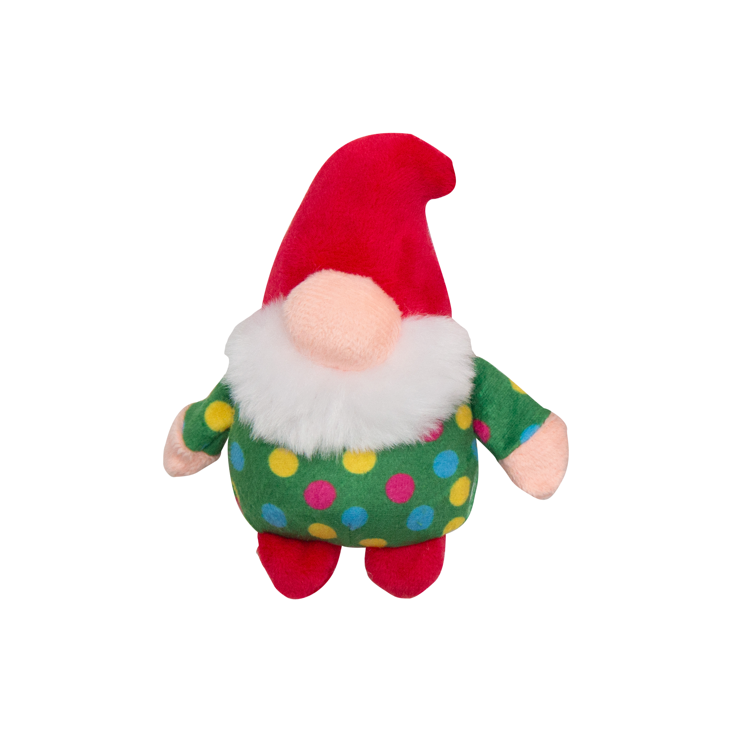 Snugarooz Gnomies 3pk includes three plush squeaky dog toys shaped like gnome dolls with pink faces, soft beards, and colorful hats—red polka dots, green with a yellow star, and green with multicolored spots—perfect holiday dog toys.