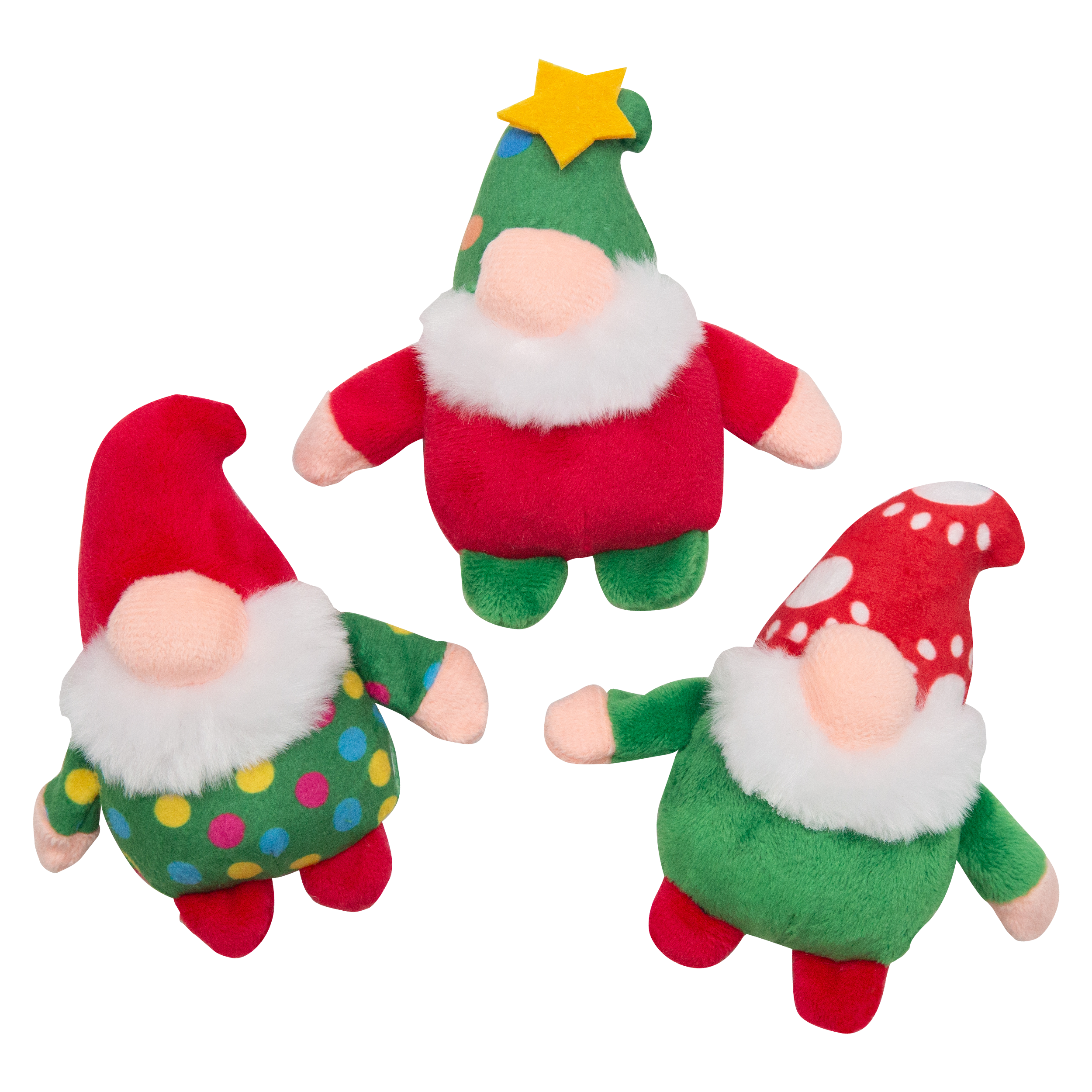 Snugarooz Gnomies 3pk includes three plush squeaky dog toys shaped like gnome dolls with pink faces, soft beards, and colorful hats—red polka dots, green with a yellow star, and green with multicolored spots—perfect holiday dog toys.