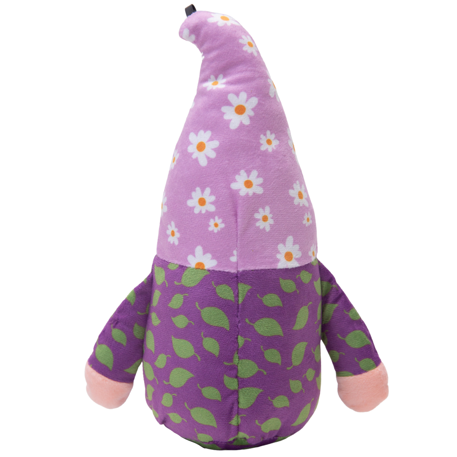 Daisy the Gnome by Snugarooz is a plush dog toy featuring a long purple hat with white daisies, a big round nose, white beard, purple and green outfit, and purple shoes, shown against a white background.