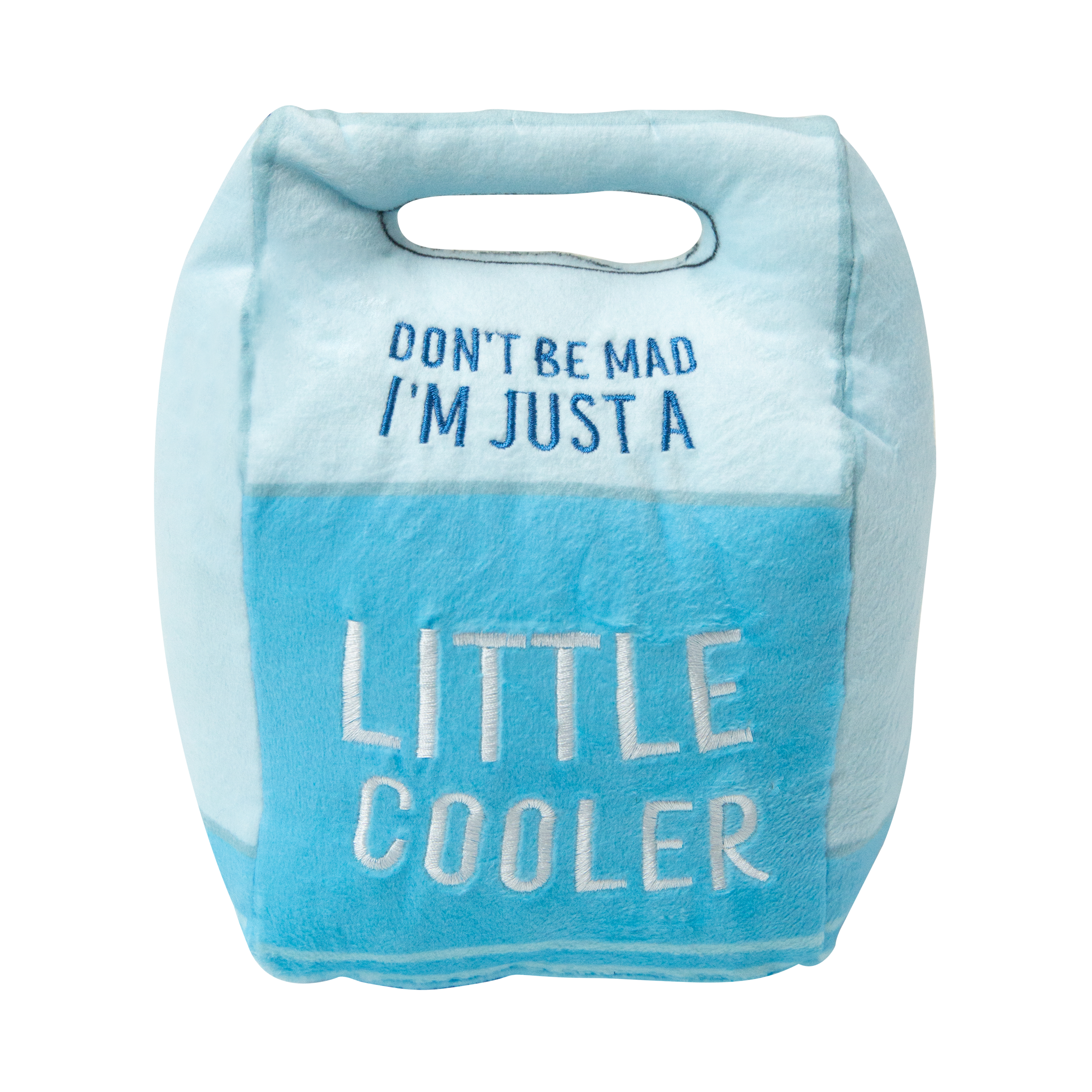The Snugarooz Lil Cooler dog toy is a soft, plush cooler bag-shaped toy in blue with "DONT BE MAD IM JUST A LITTLE COOLER" text—an adorable, eco-friendly pick for playful pups.