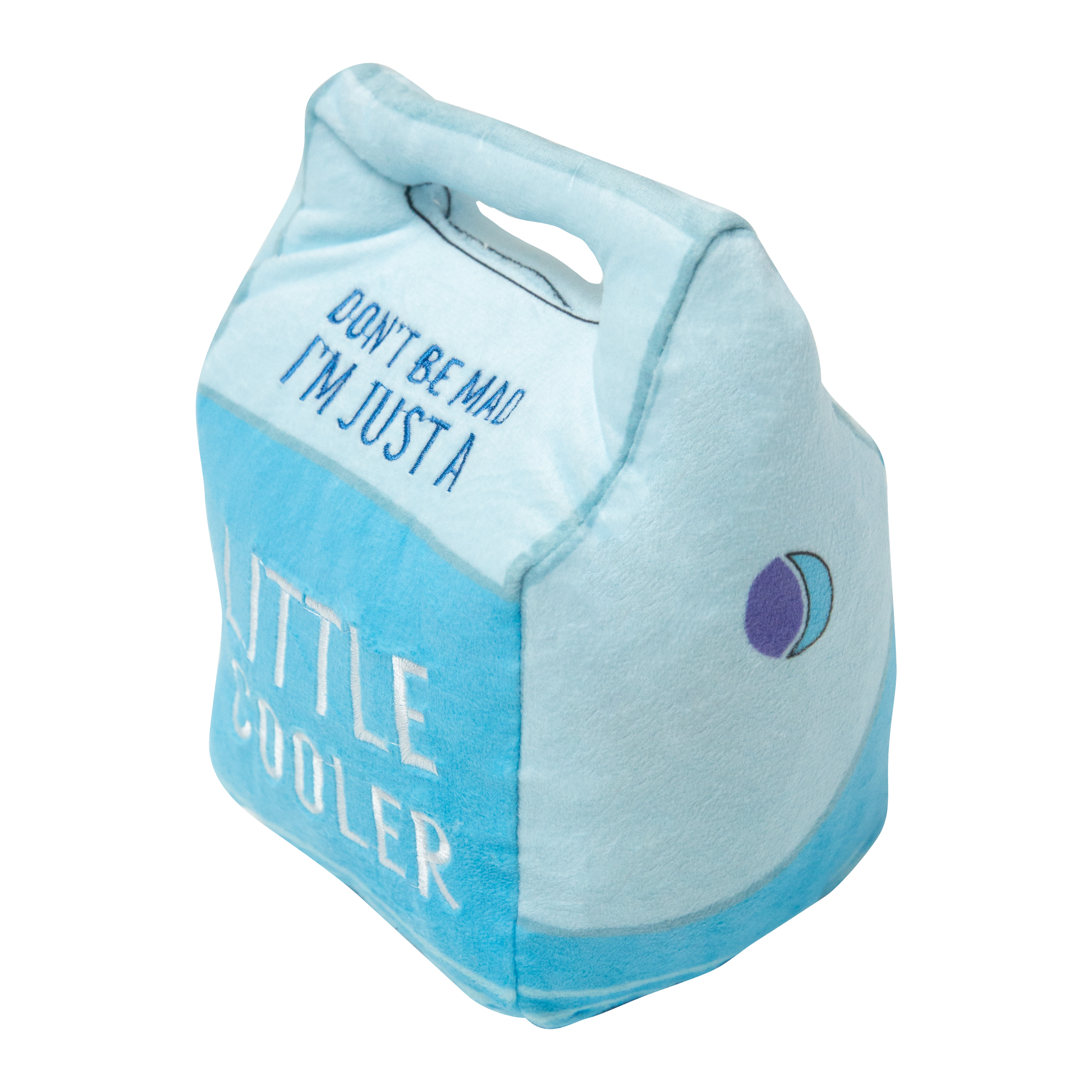 The Snugarooz Don't Be Mad Cooler is a soft, eco-friendly plush toy shaped like a blue cooler bag with a handle, featuring the phrase "DONT BE MAD IM JUST A LITTLE COOLER" on the front.