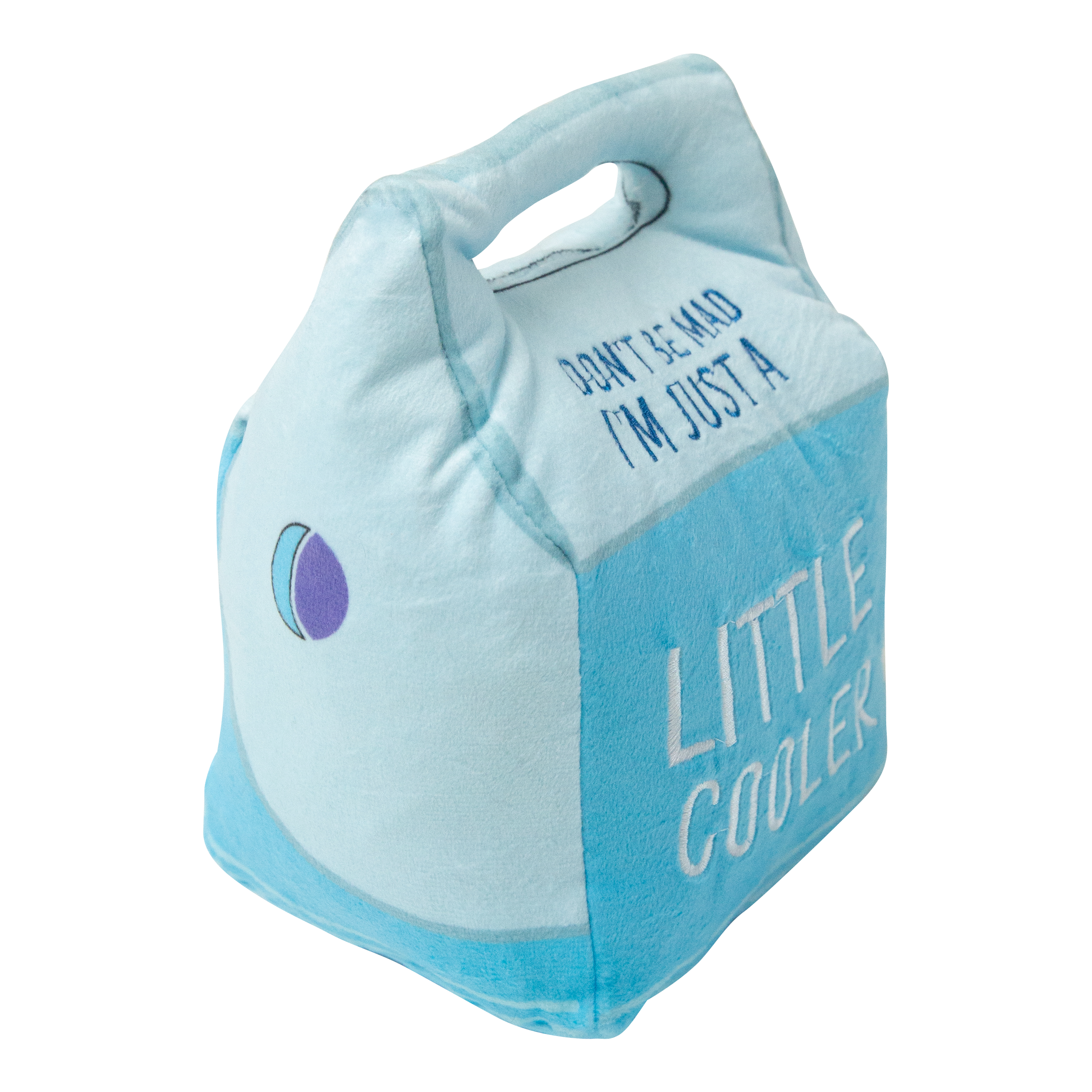 The Snugarooz Lil Cooler dog toy is a soft, plush cooler bag-shaped toy in blue with "DONT BE MAD IM JUST A LITTLE COOLER" text—an adorable, eco-friendly pick for playful pups.