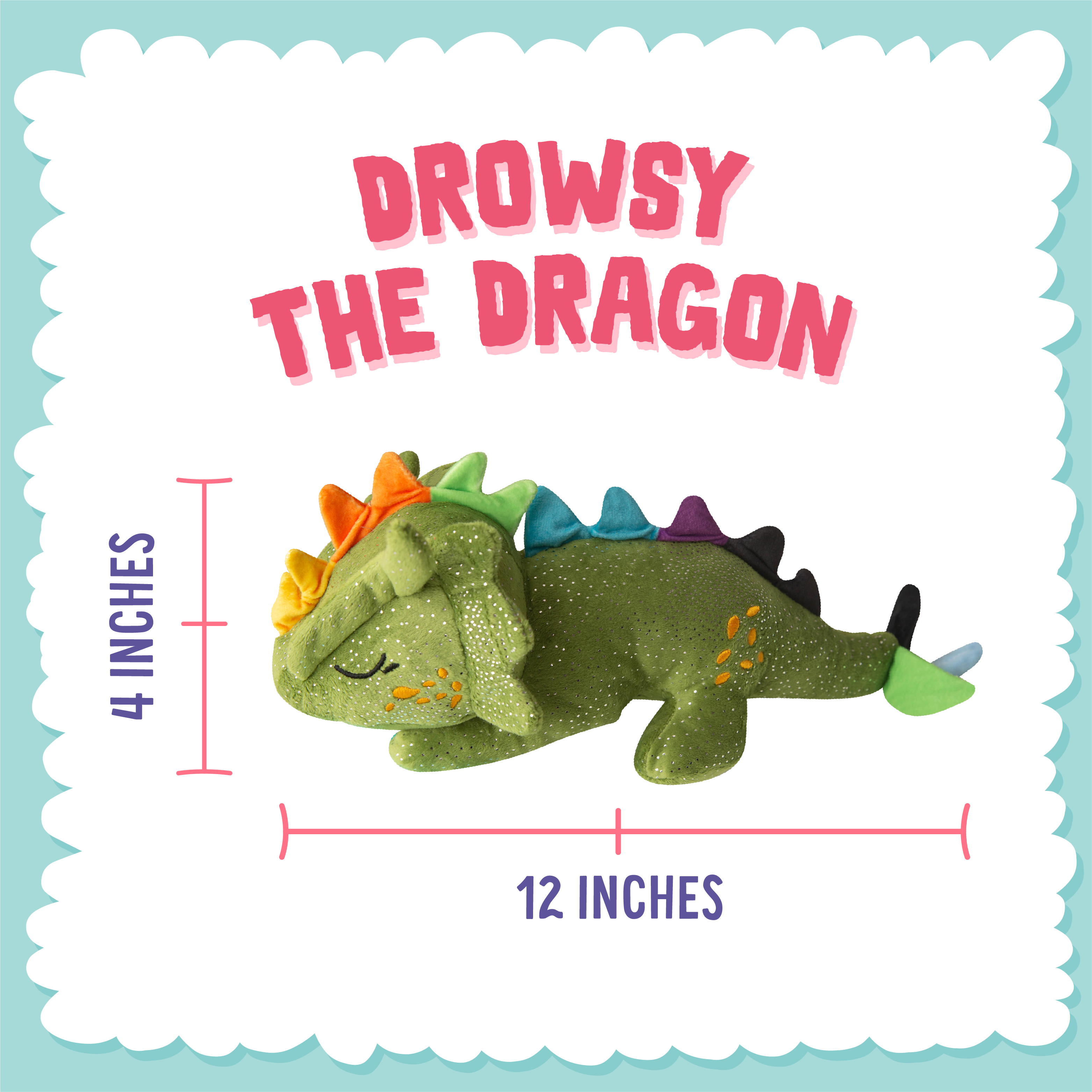 Introducing Drowsy the Dragon by Snugarooz—a soft, green plush dog toy shaped like a dinosaur, with closed eyes, orange spots, and colorful spikes along its back. This adorable eco-friendly toy is perfect for your furry friend!.