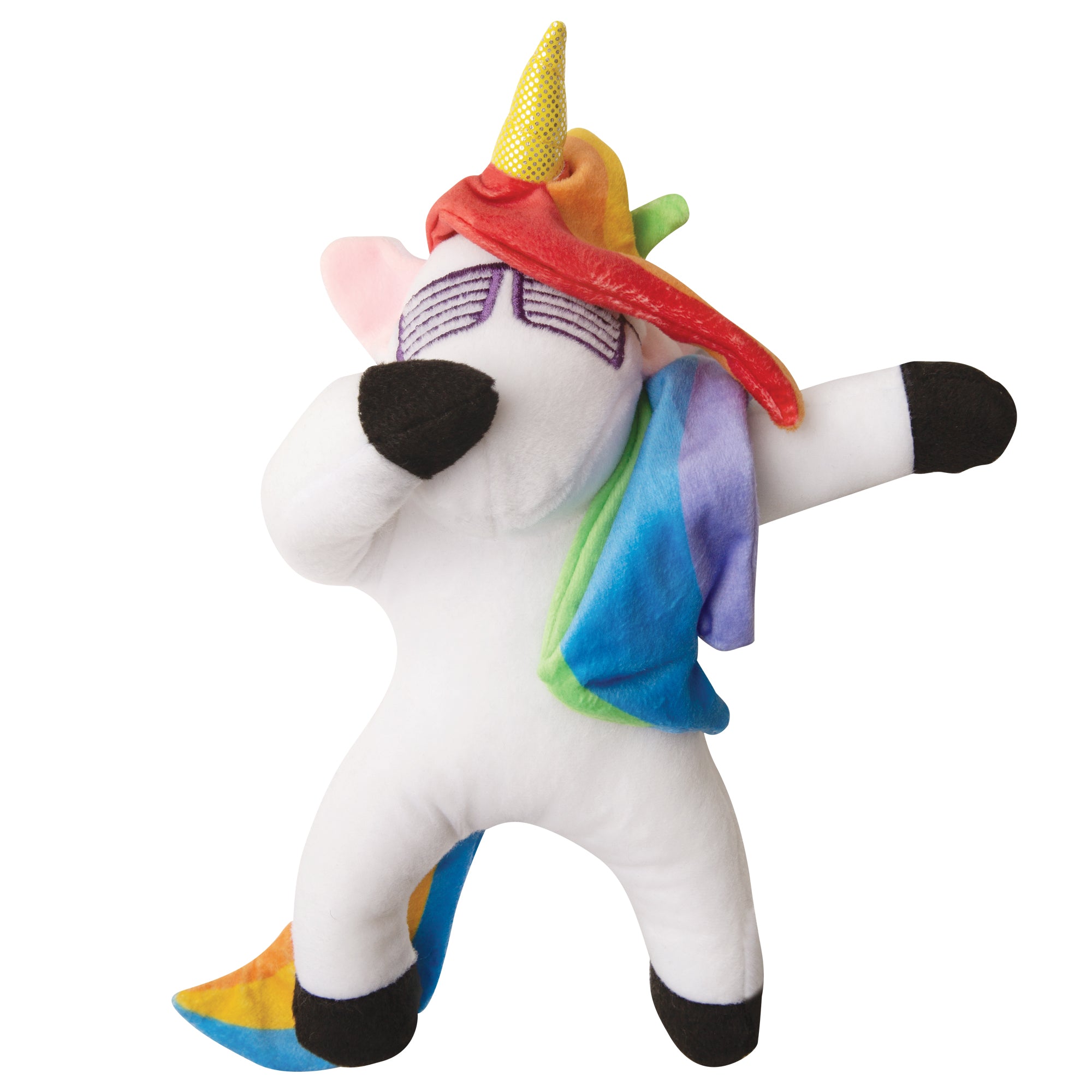 SnugArooz dog toy named Dab the Unicorn, featuring a white plush unicorn with a multicolored tail and mane, a golden horn, and wearing sunglasses.