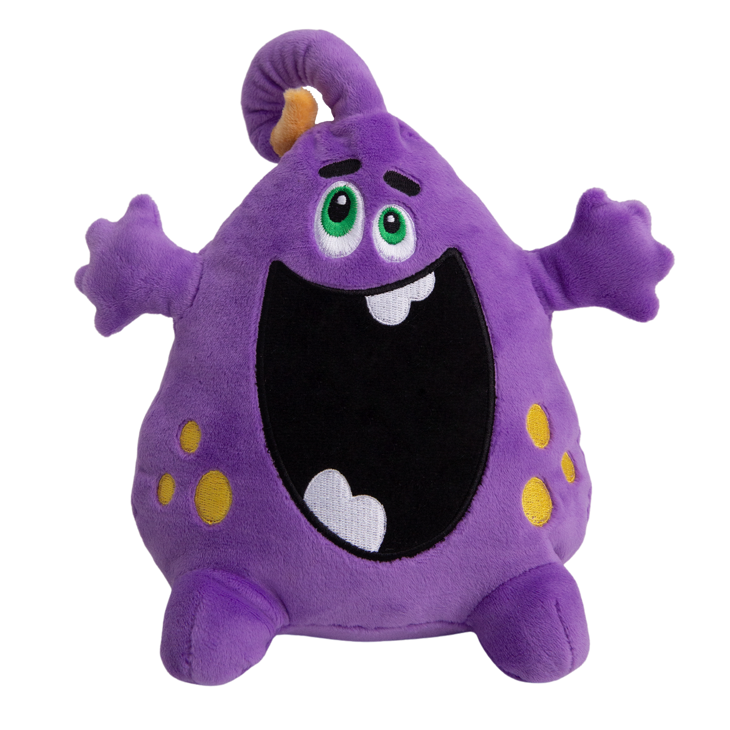 The Snugarooz Distracting Dave is a purple plush dog toy with green eyes, yellow spots, and a wide open mouth, pictured next to a spiky red ball with an arrow pointing from the ball to its mouth. Text: BALL INSIDE. A fun 2-in-1 dog toy!.