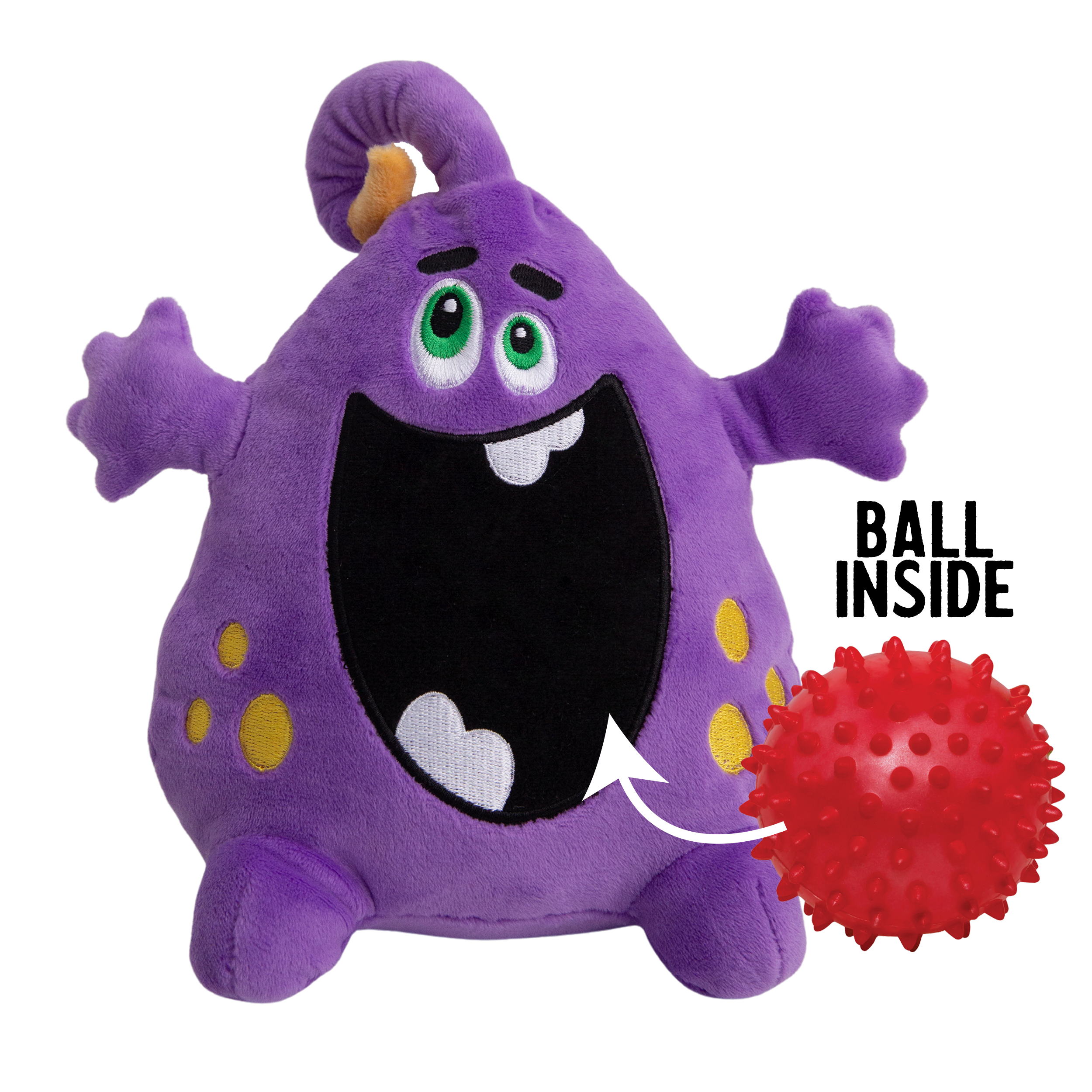 The Snugarooz Distracting Dave is a purple plush dog toy with green eyes, yellow spots, and a wide open mouth, pictured next to a spiky red ball with an arrow pointing from the ball to its mouth. Text: BALL INSIDE. A fun 2-in-1 dog toy!.