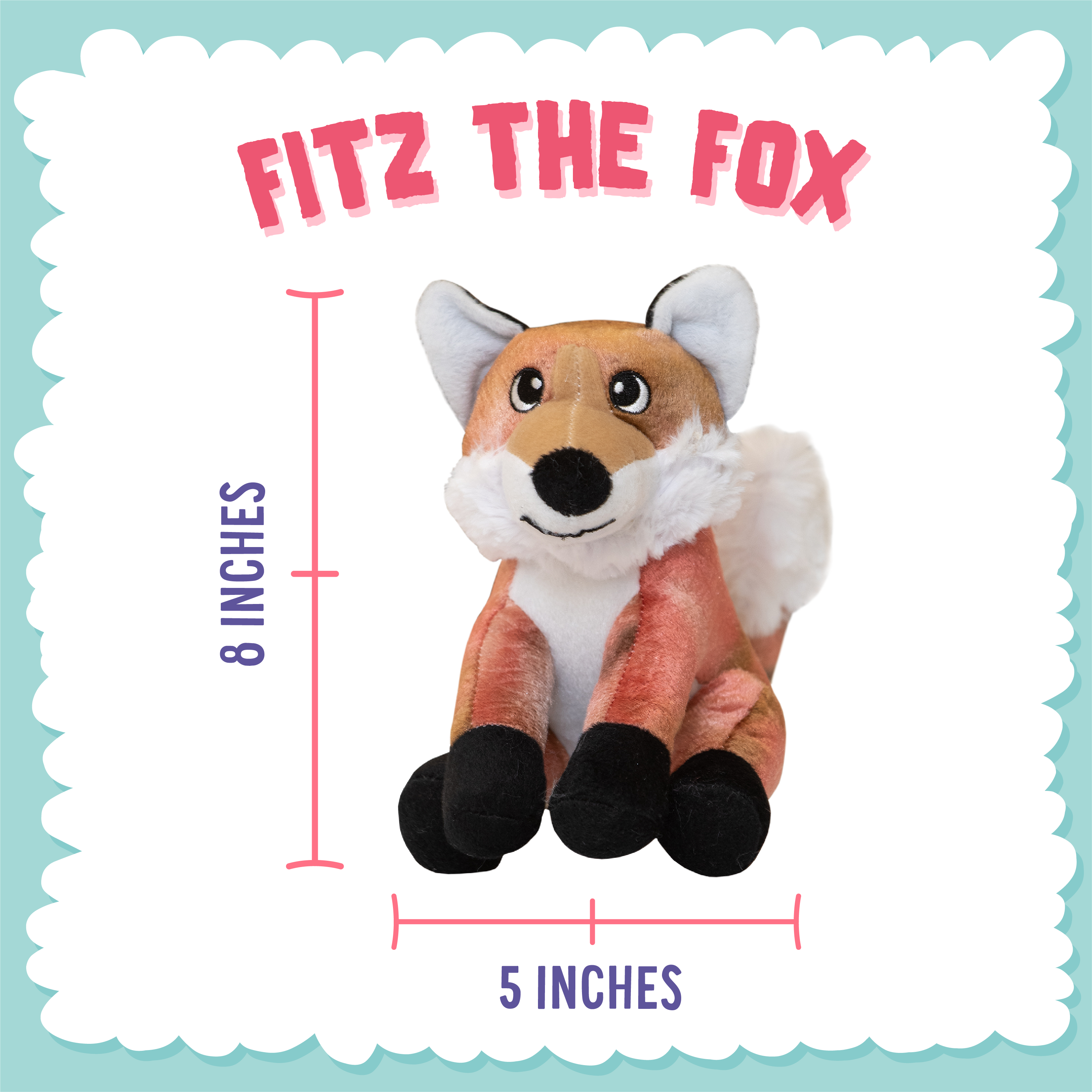 Fitz the Fox by Snugarooz is a plush dog toy featuring orange fur, a white belly and cheeks, black paws, and big expressive eyes. It sits upright on a white background—ideal for your pup’s playtime.