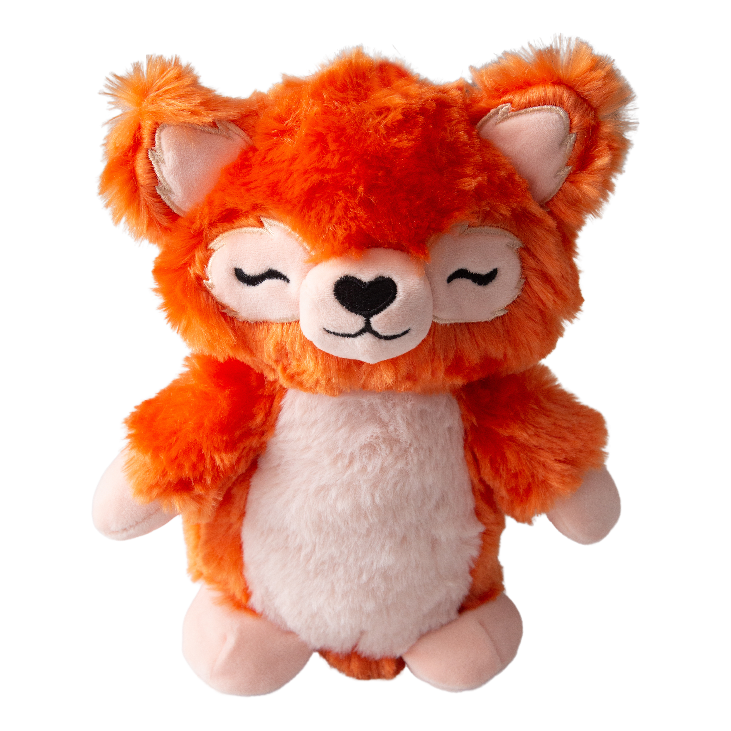 Foxy the Panda by Snugarooz is a plush, eco-friendly dog toy made from recycled water bottles. This squeaky toy resembles a red panda with orange fur, a white belly, and closed eyes for an adorable sleepy look.
