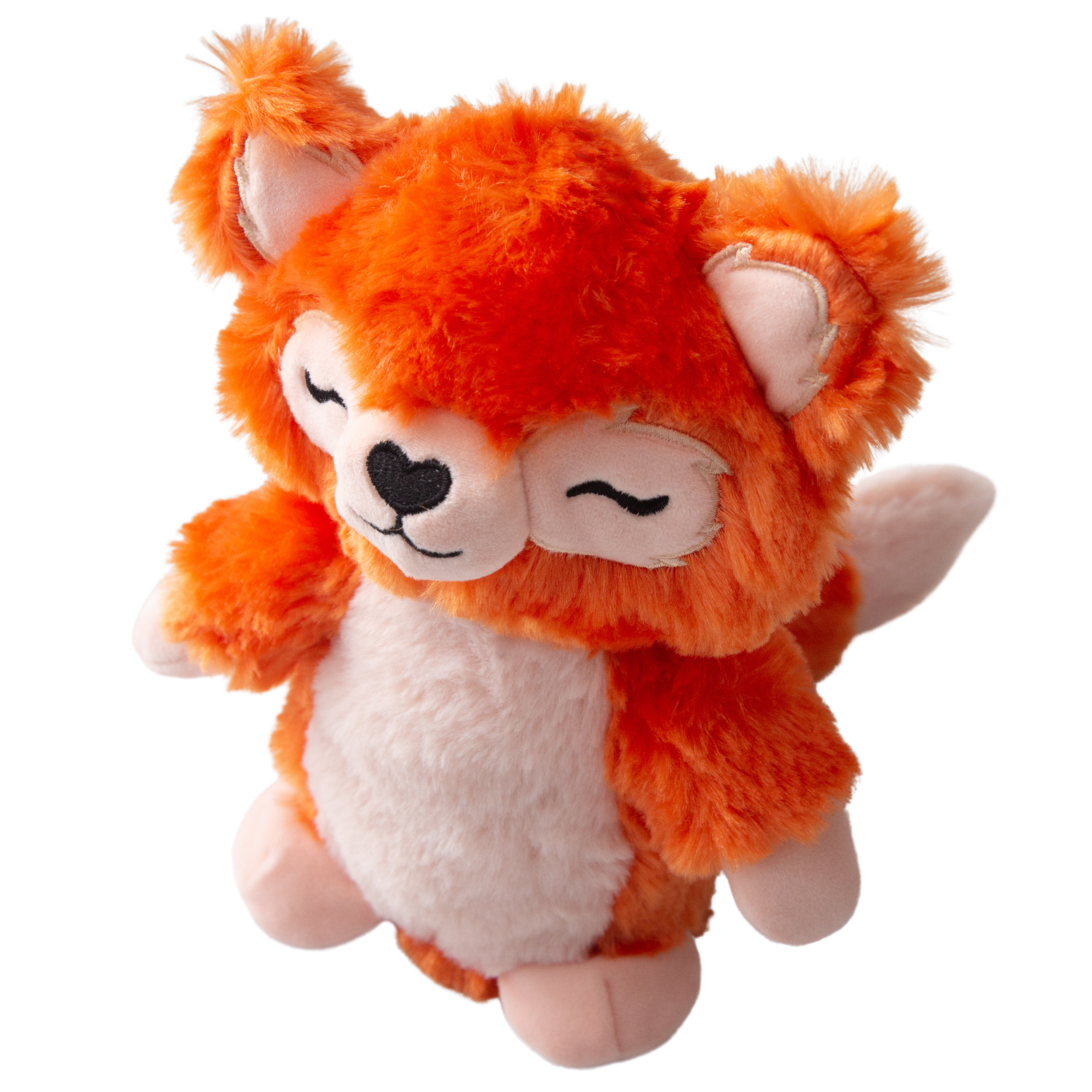 Foxy the Panda by Snugarooz is a plush, eco-friendly dog toy made from recycled water bottles. This squeaky toy resembles a red panda with orange fur, a white belly, and closed eyes for an adorable sleepy look.