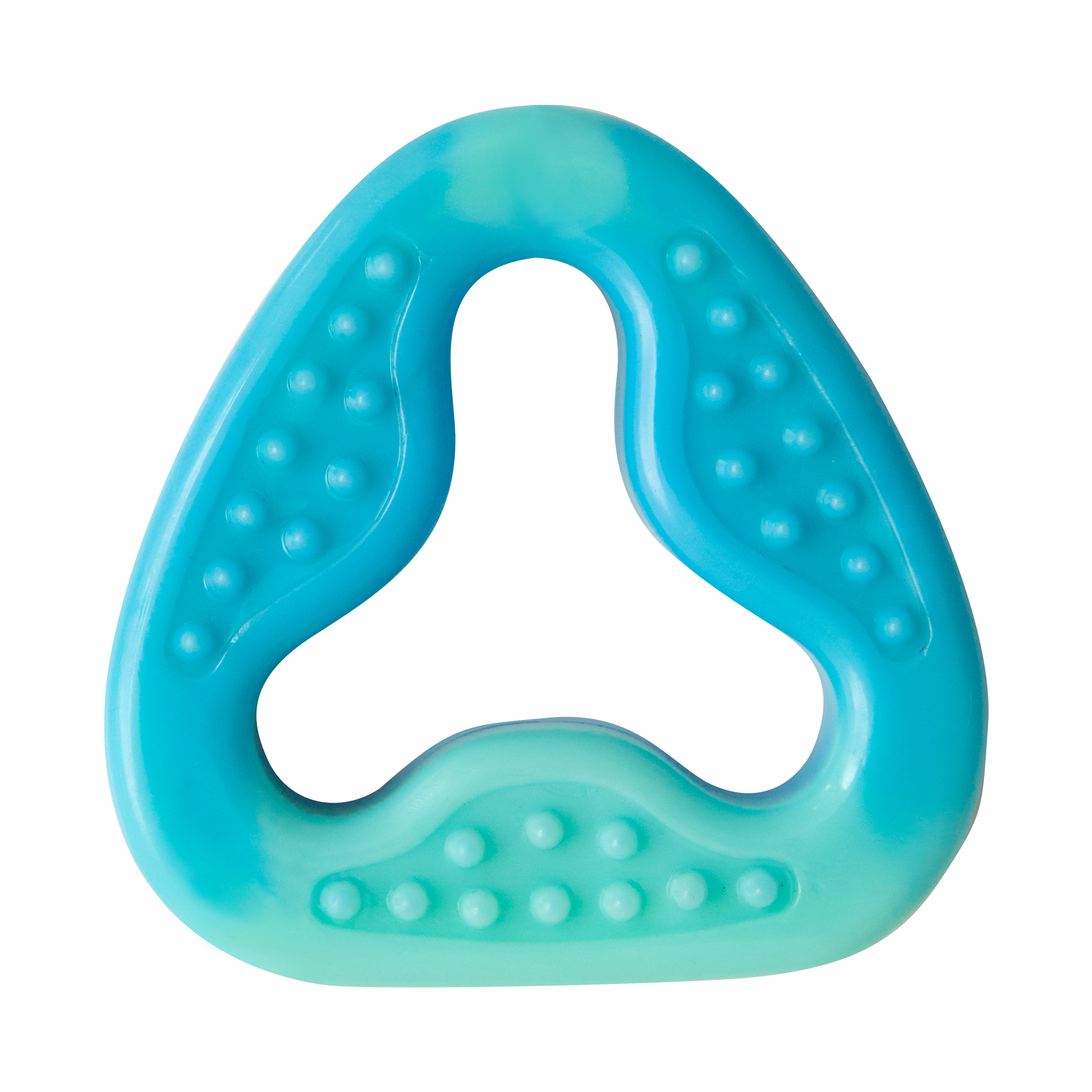 The Snugarooz Go Stuff Yourself is a blue, triangular baby teething ring with rounded edges, raised dotted textures, and a hollow center. Inspired by dog puzzle designs, it soothes gums with its light and dark blue shades.