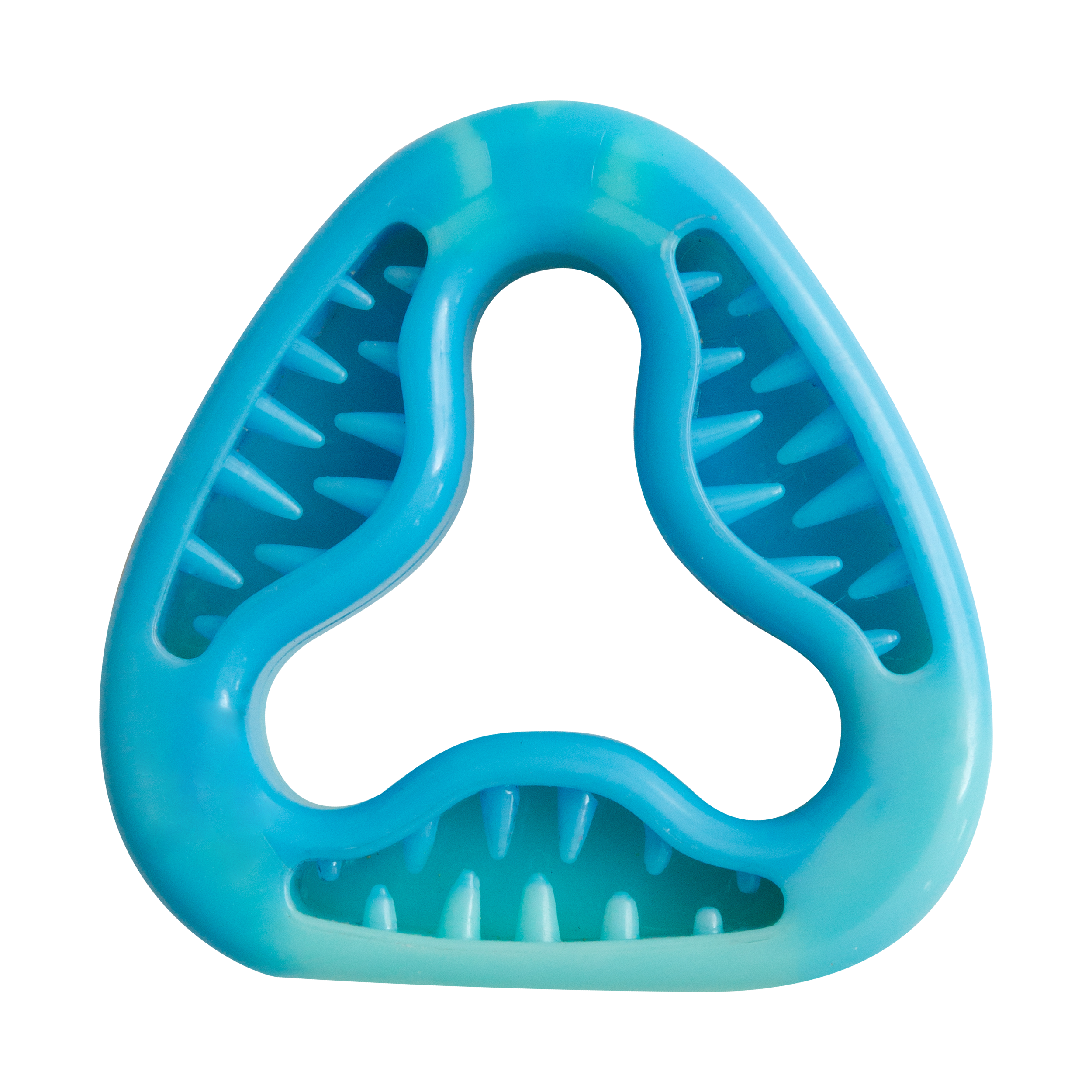 The Snugarooz Go Stuff Yourself is a blue, triangular baby teething ring with rounded edges, raised dotted textures, and a hollow center. Inspired by dog puzzle designs, it soothes gums with its light and dark blue shades.