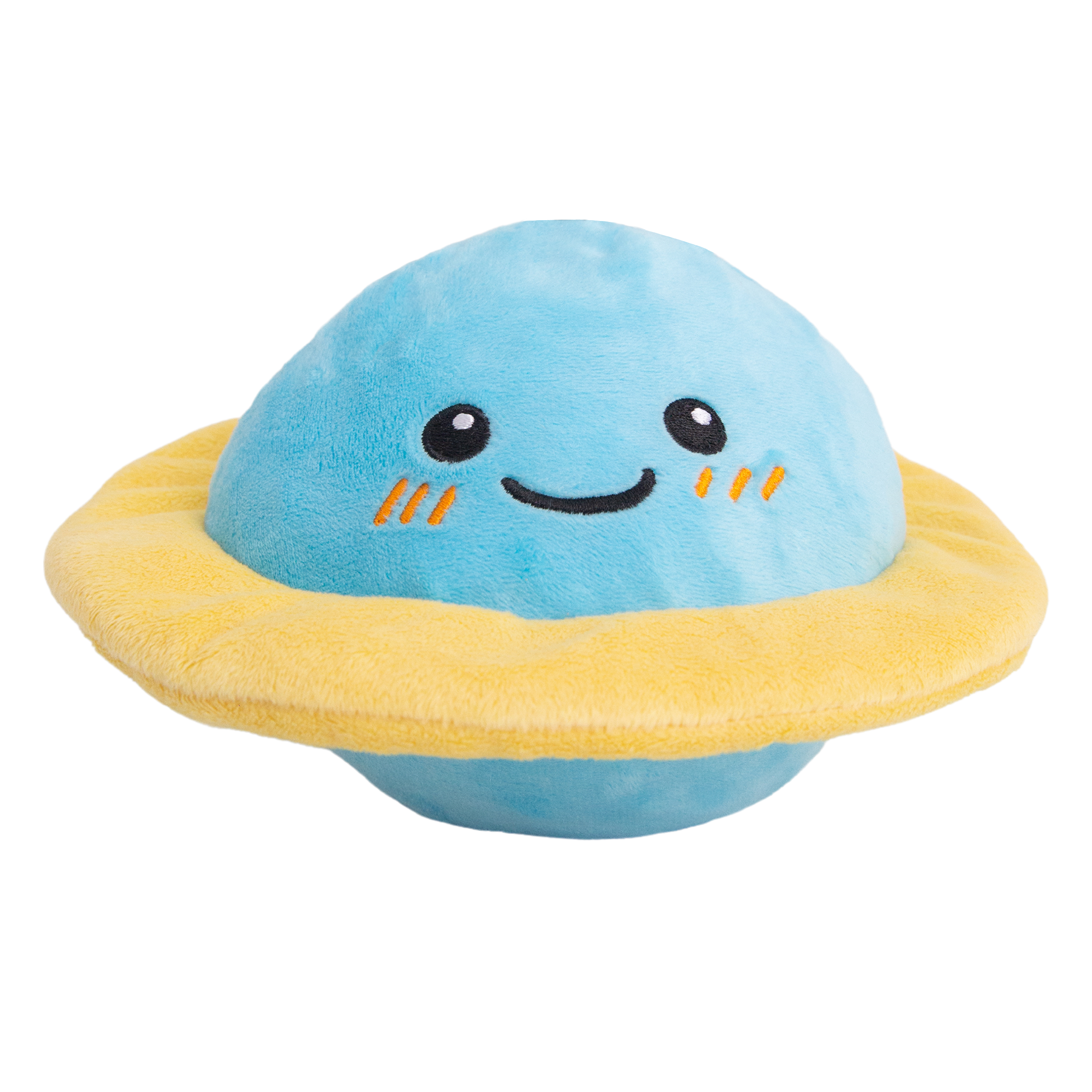 The Snugarooz Soothing Saturn is a plush blue and yellow planet with a smiling face, shown next to a red textured ball and an arrow labeled "BALL INSIDE.