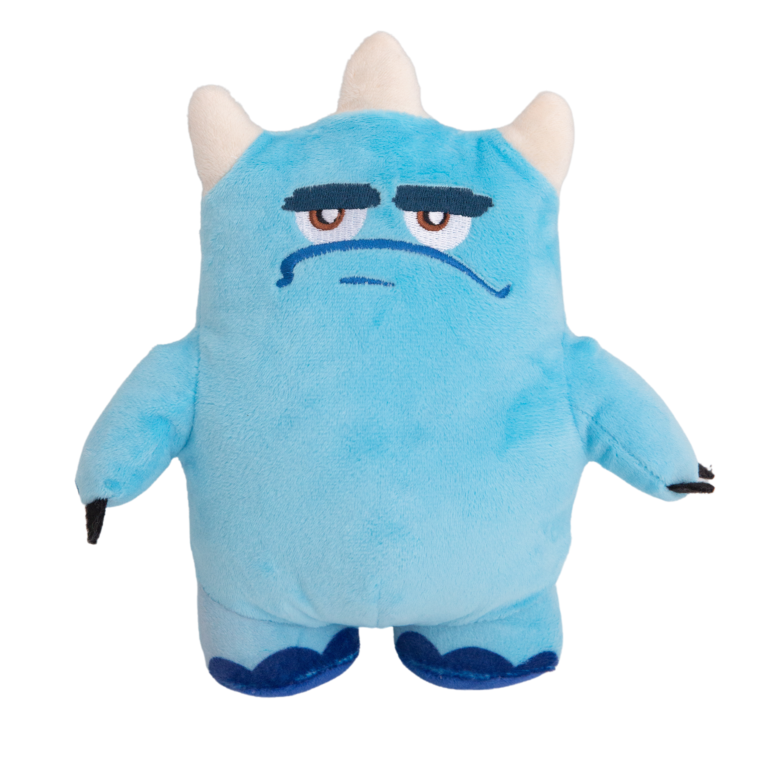 A blue plush monster toy named Jolly Joel by Snugarooz stands upright with two white horns, droopy eyes, and a frown. It measures 9 inches tall and 7 inches wide, with "Jolly Joel" written above in pink letters.