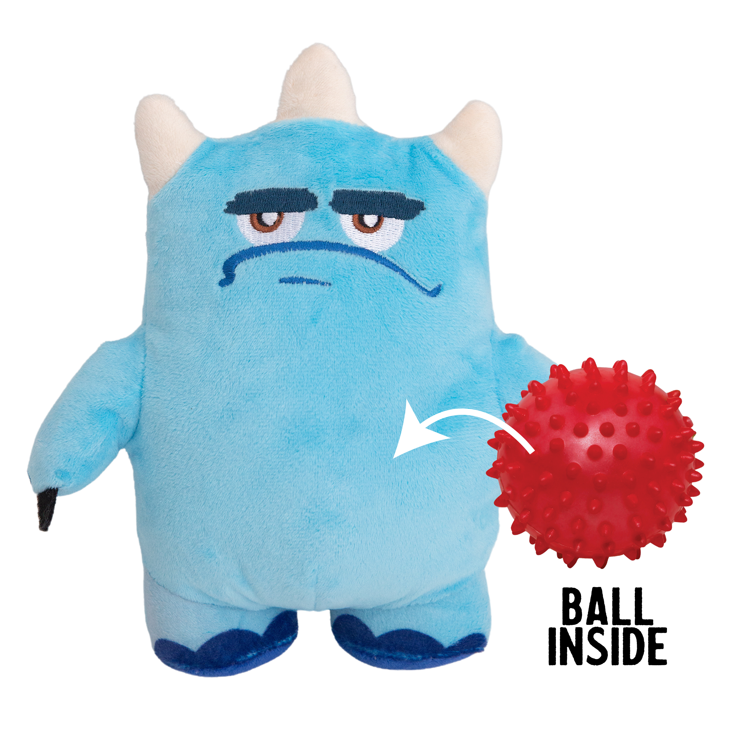 A blue plush monster toy named Jolly Joel by Snugarooz stands upright with two white horns, droopy eyes, and a frown. It measures 9 inches tall and 7 inches wide, with "Jolly Joel" written above in pink letters.