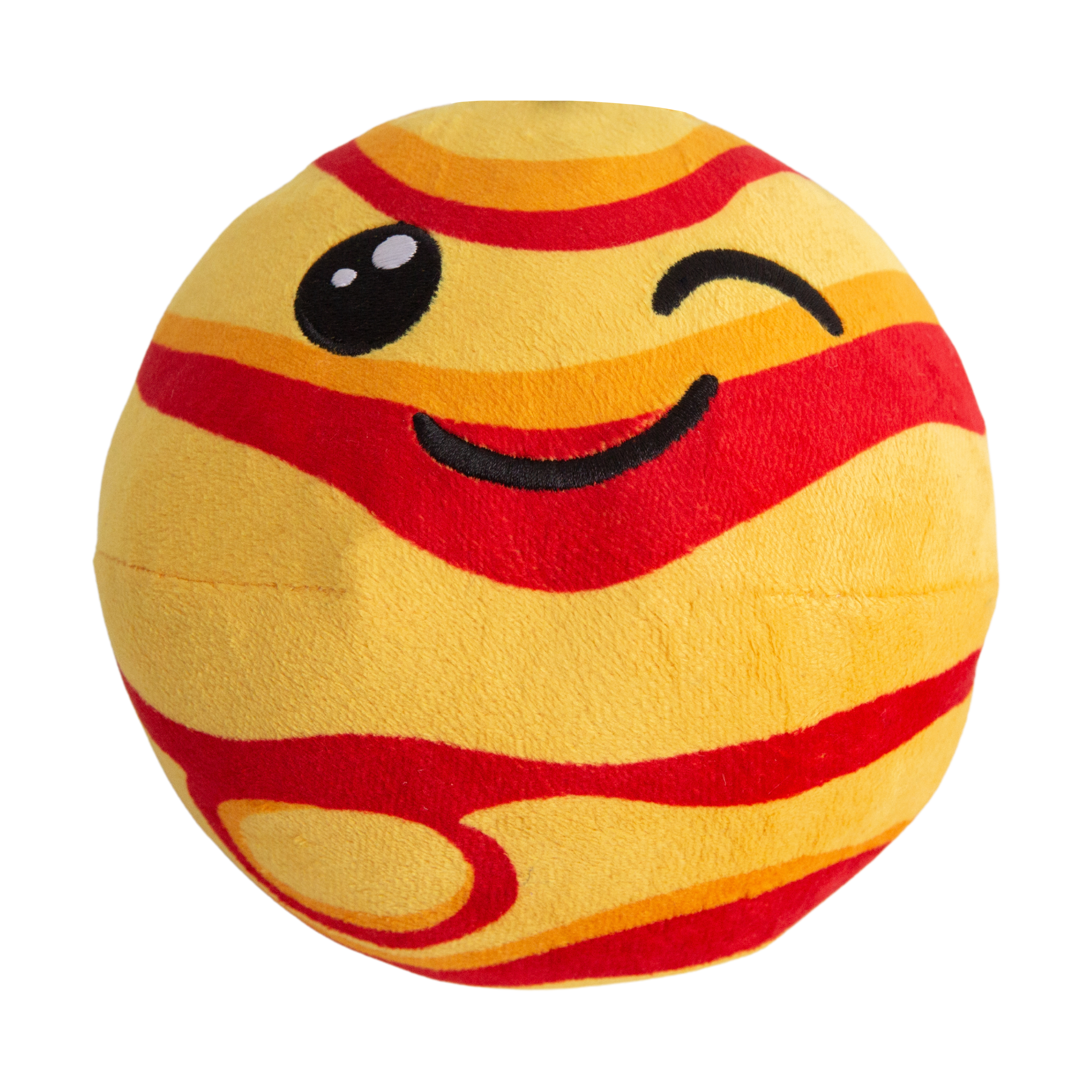 The Snugarooz Joyful Jupiter is a plush yellow and red ball with a smiling, winking face. Next to it is a spiky red rubber ball, with an arrow pointing inside Joyful Jupiter and the words BALL INSIDE.