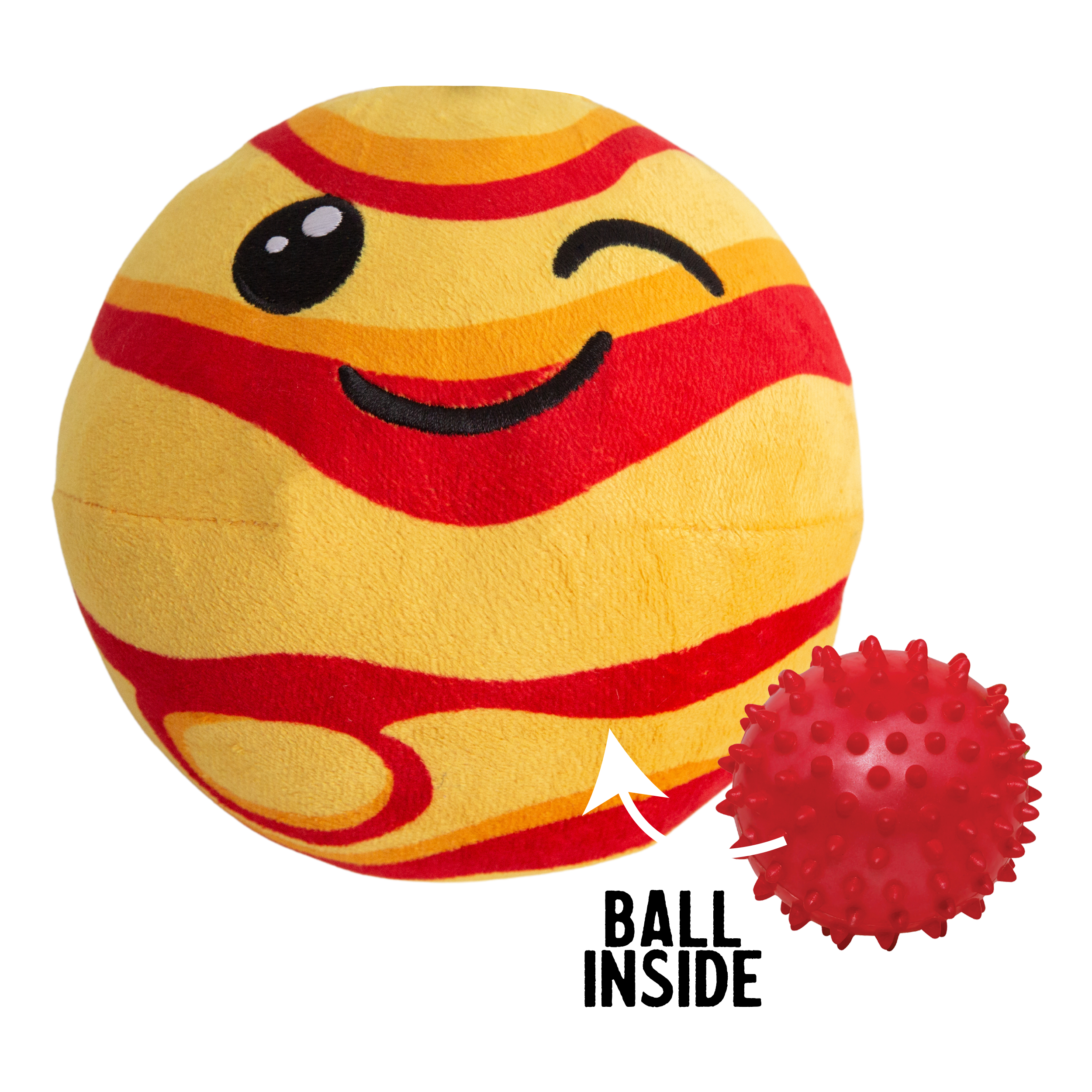 The Snugarooz Joyful Jupiter is a plush yellow and red ball with a smiling, winking face. Next to it is a spiky red rubber ball, with an arrow pointing inside Joyful Jupiter and the words BALL INSIDE.