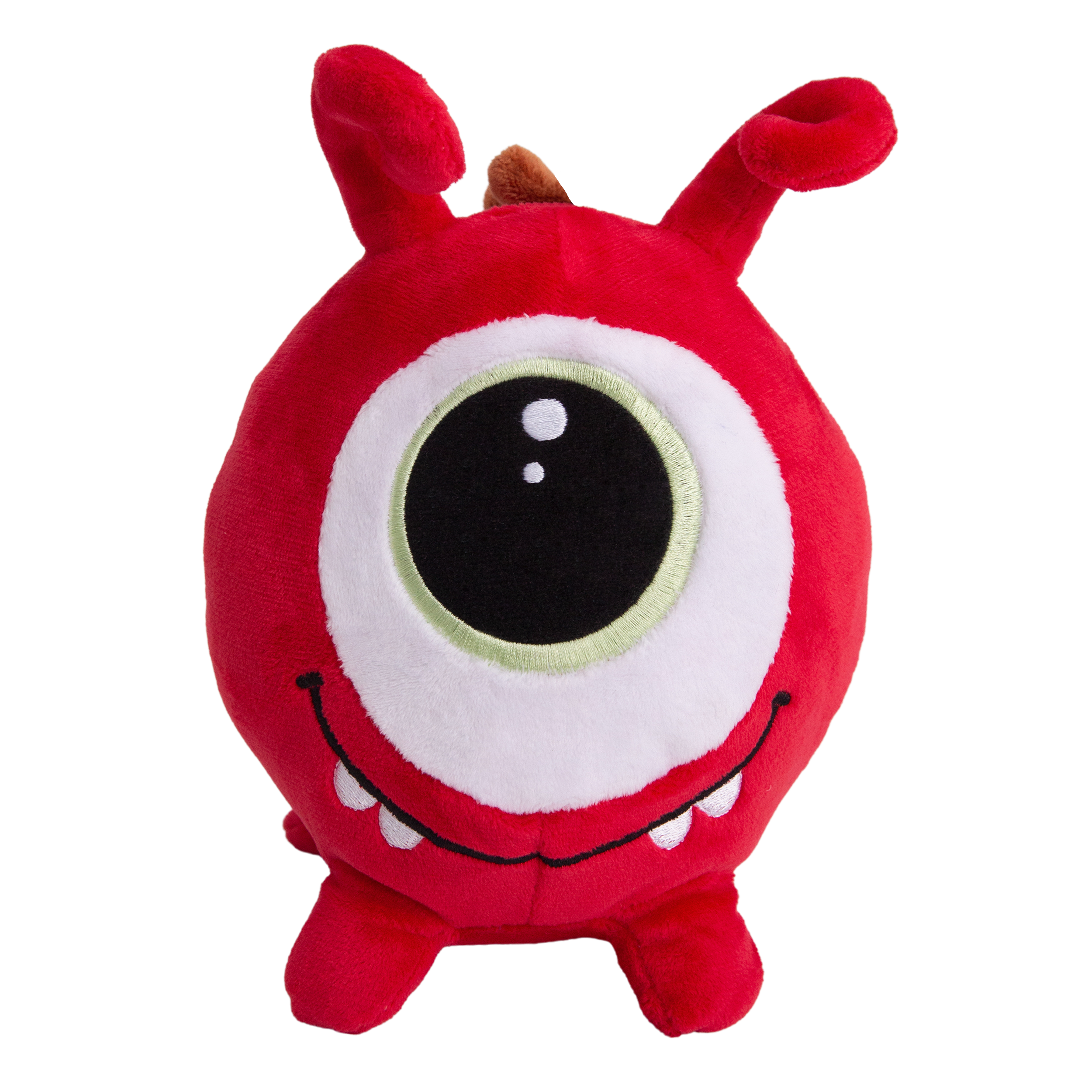 Just Jeff by Snugarooz is a red one-eyed monster plush toy with two antennae, a big circular eye, and fanged smile. An arrow and "BALL INSIDE" text show the hidden spiky red ball inside for added fun.