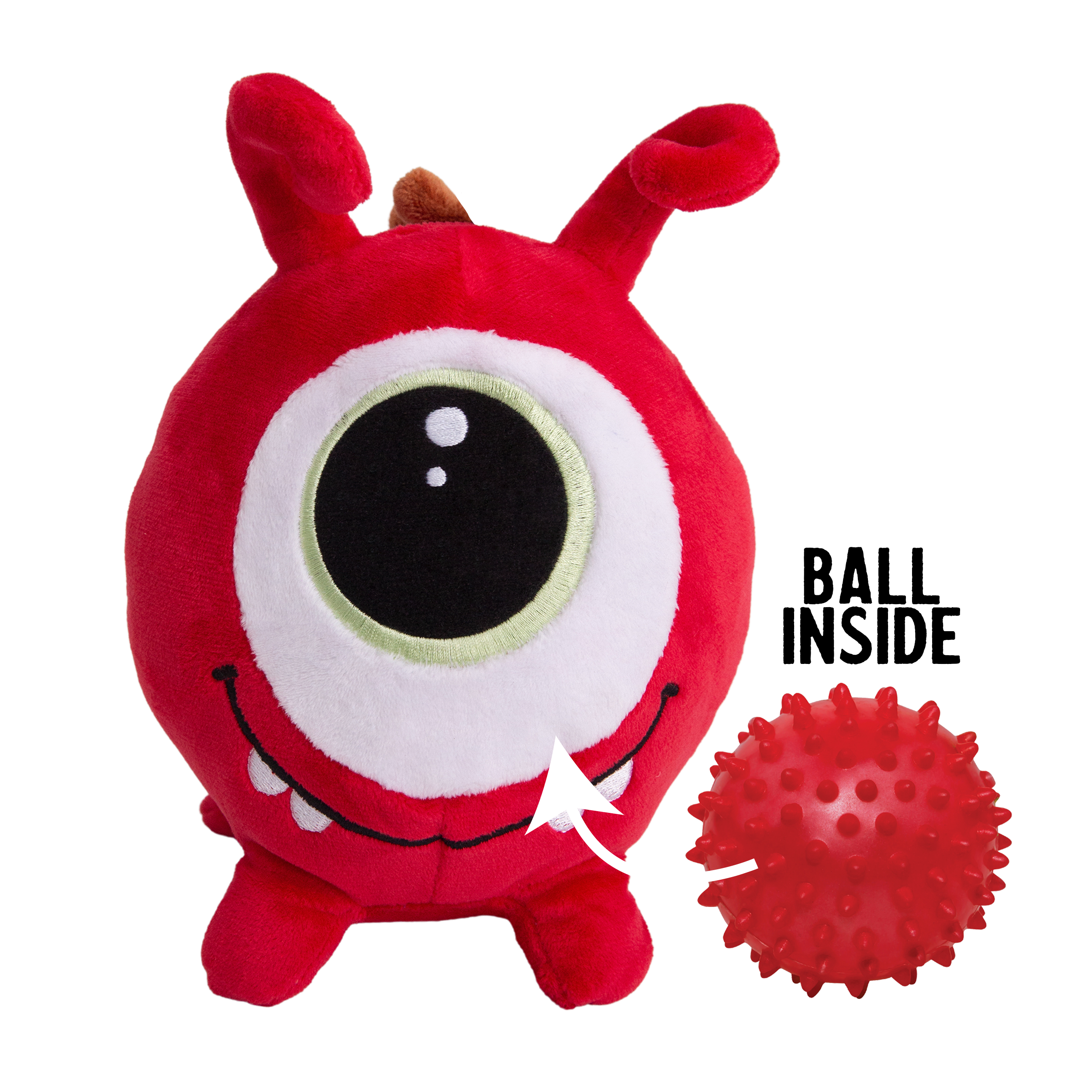 Just Jeff by Snugarooz is a red one-eyed monster plush toy with two antennae, a big circular eye, and fanged smile. An arrow and "BALL INSIDE" text show the hidden spiky red ball inside for added fun.