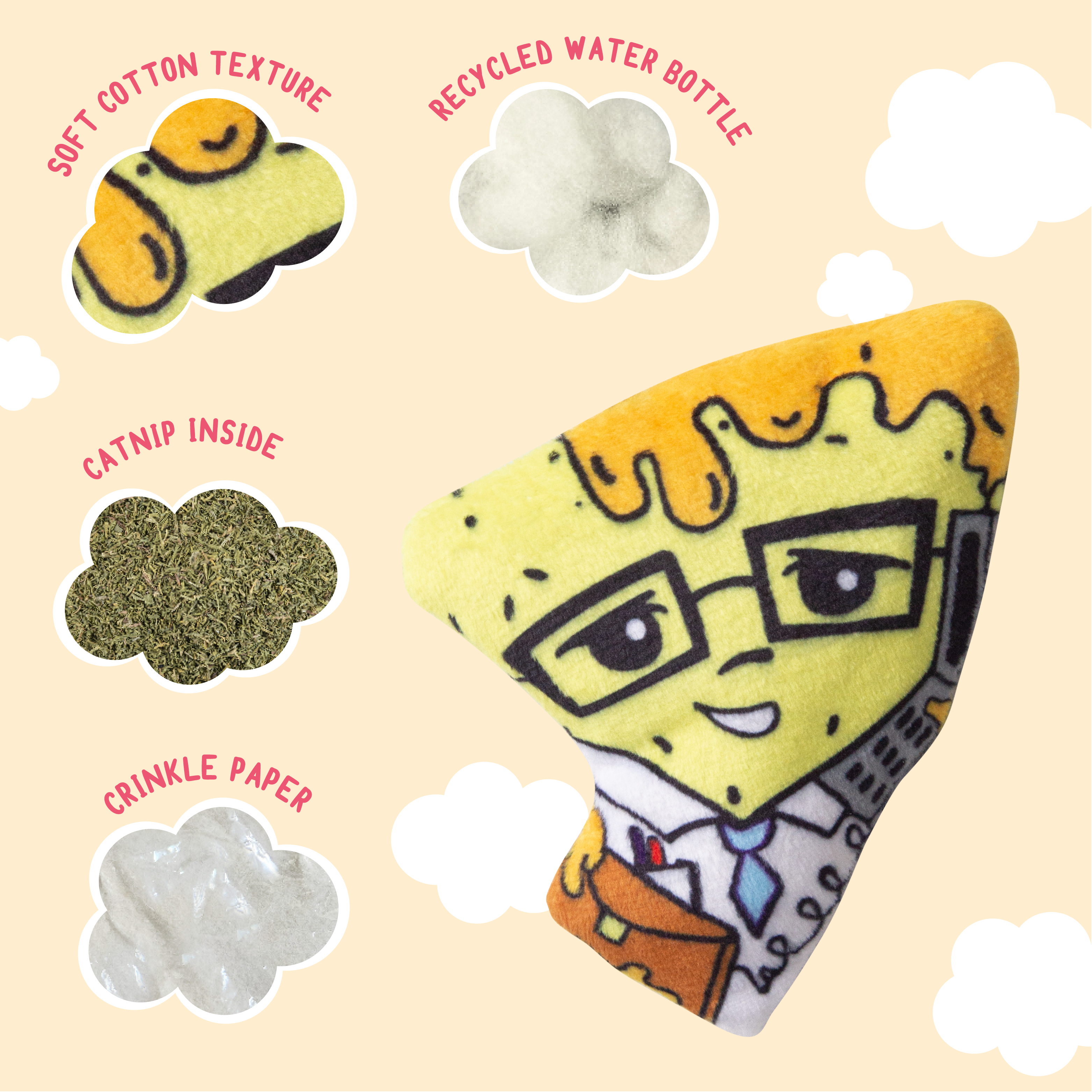 The Snugarooz Nacho Man with Catnip is a cute, eco-friendly plush cat toy shaped like a studious pizza slice—complete with glasses and a notepad—perfect as a fun catnip treat for your playful feline.