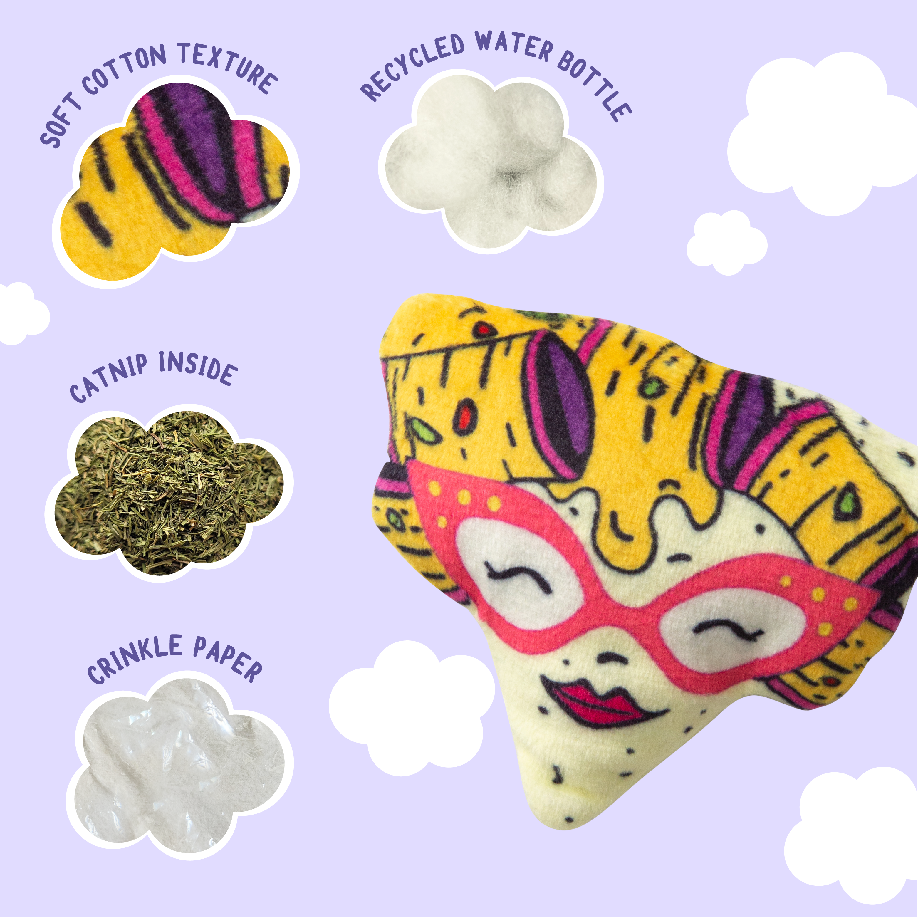 The Snugarooz Nacho Kitty with Catnip is a durable cat toy shaped like a pizza slice, with a cartoon face featuring pink glasses, closed eyes, red lips, and yellow cheese hair with purple and brown toppings.