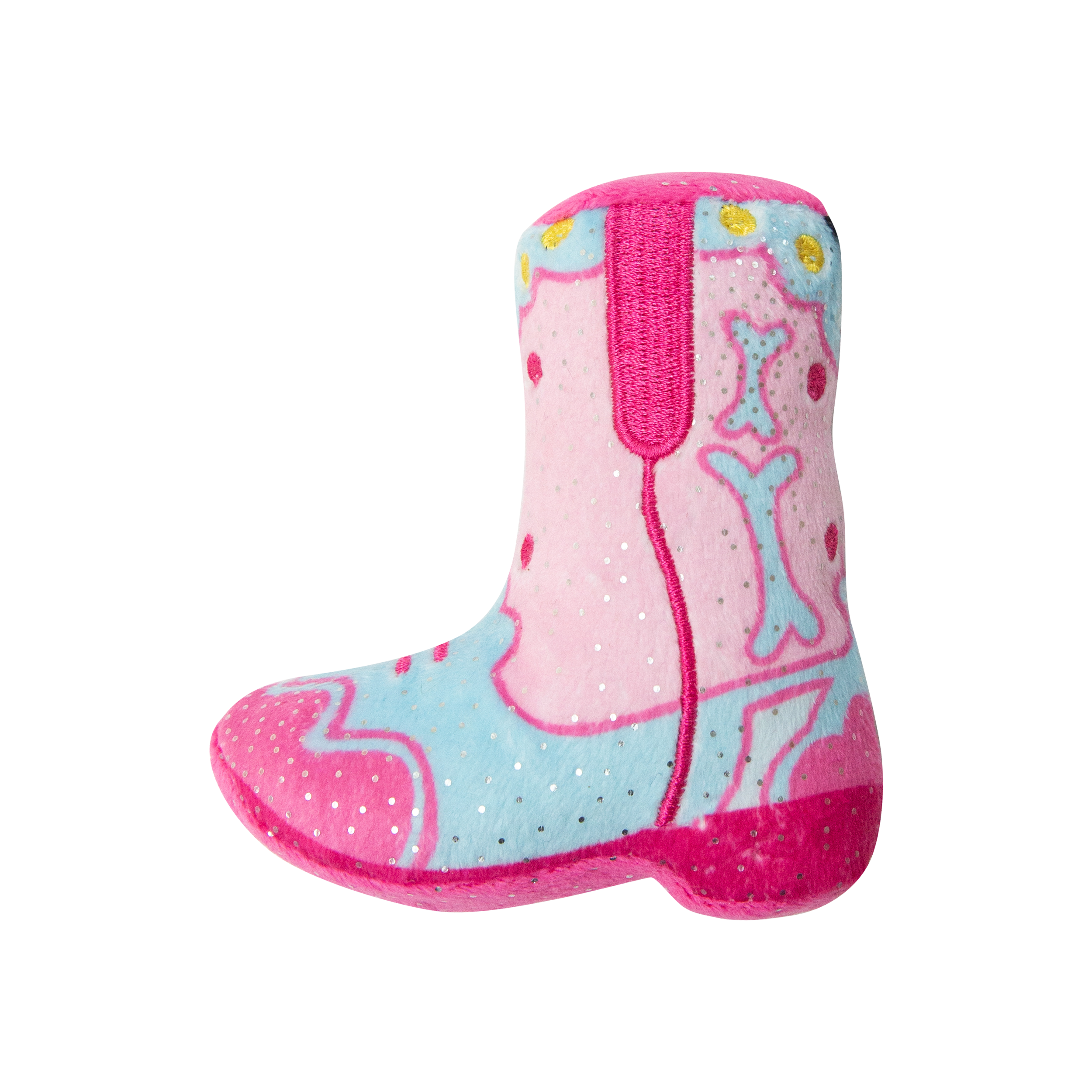 The Snugarooz Kitty 2 Boot with Catnip is a colorful plush cowboy boot cat toy with pink, blue, and yellow accents, heart and bone patterns, sparkly white spots, and filled with catnip for endless feline fun.