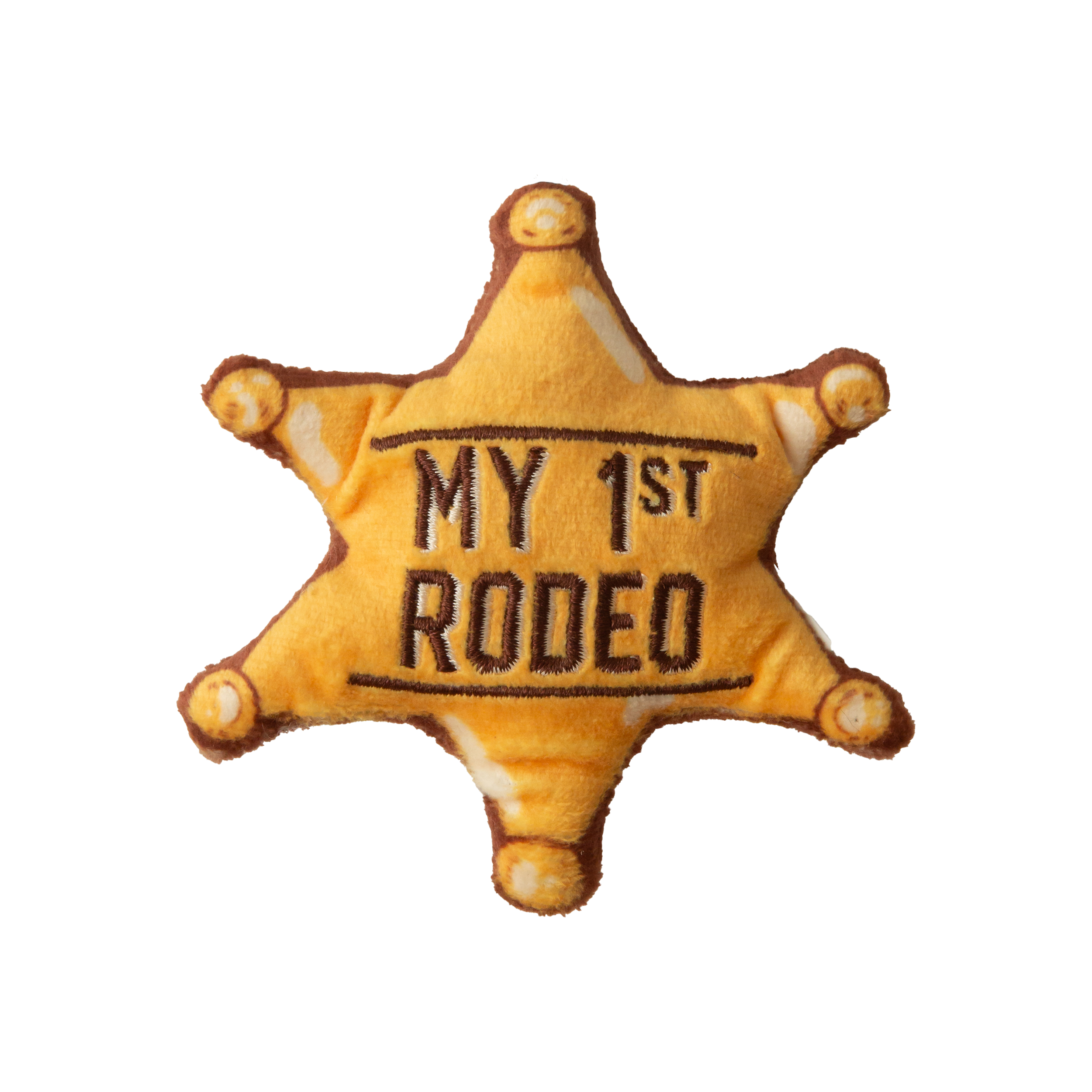The Snugarooz Kitty 1st Rodeo with Catnip is a plush gold star sheriff badge cat toy with "MY 1ST RODEO" embroidered on the front, shown against a plain white background.