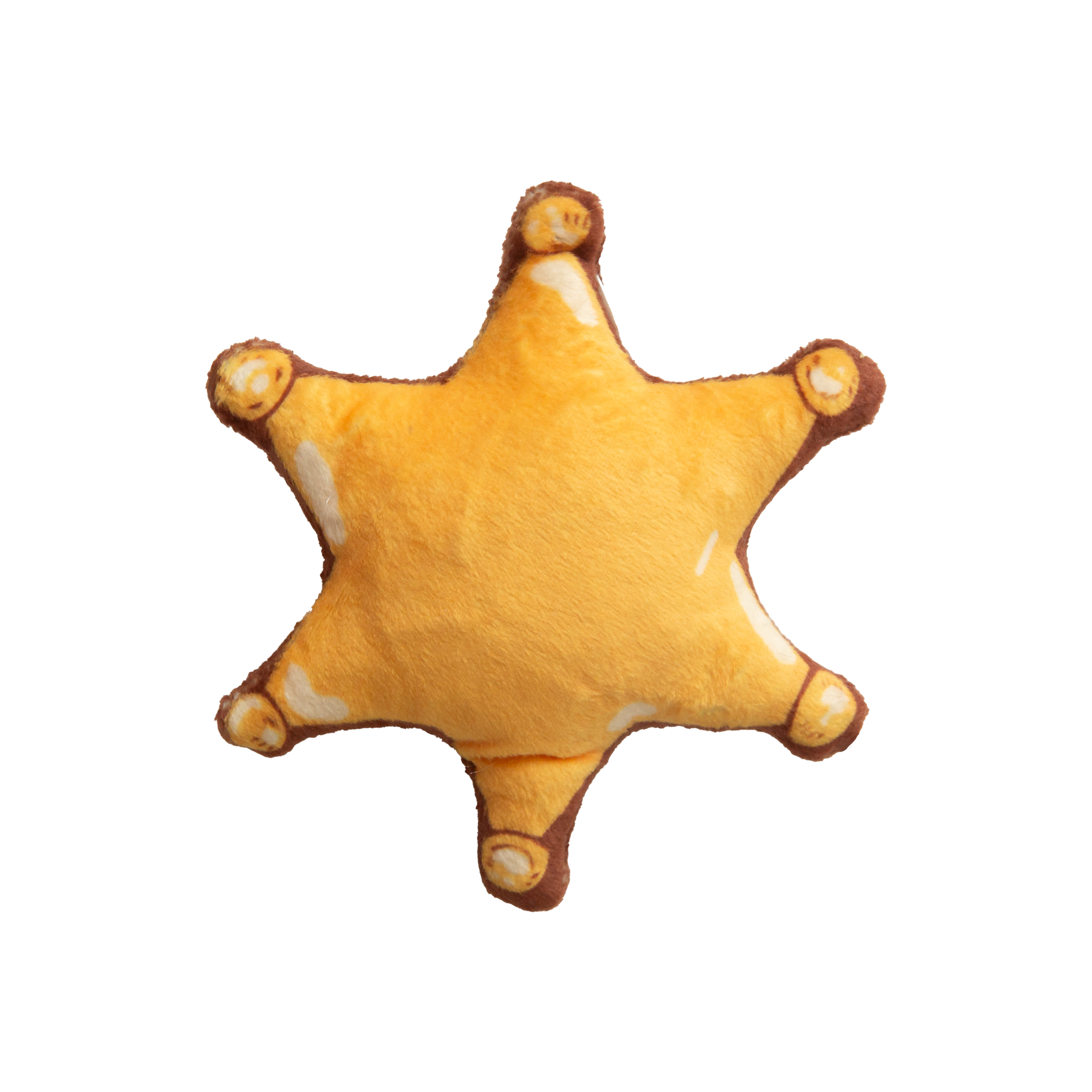 The Snugarooz Kitty 1st Rodeo with Catnip is a plush gold star sheriff badge cat toy with "MY 1ST RODEO" embroidered on the front, shown against a plain white background.