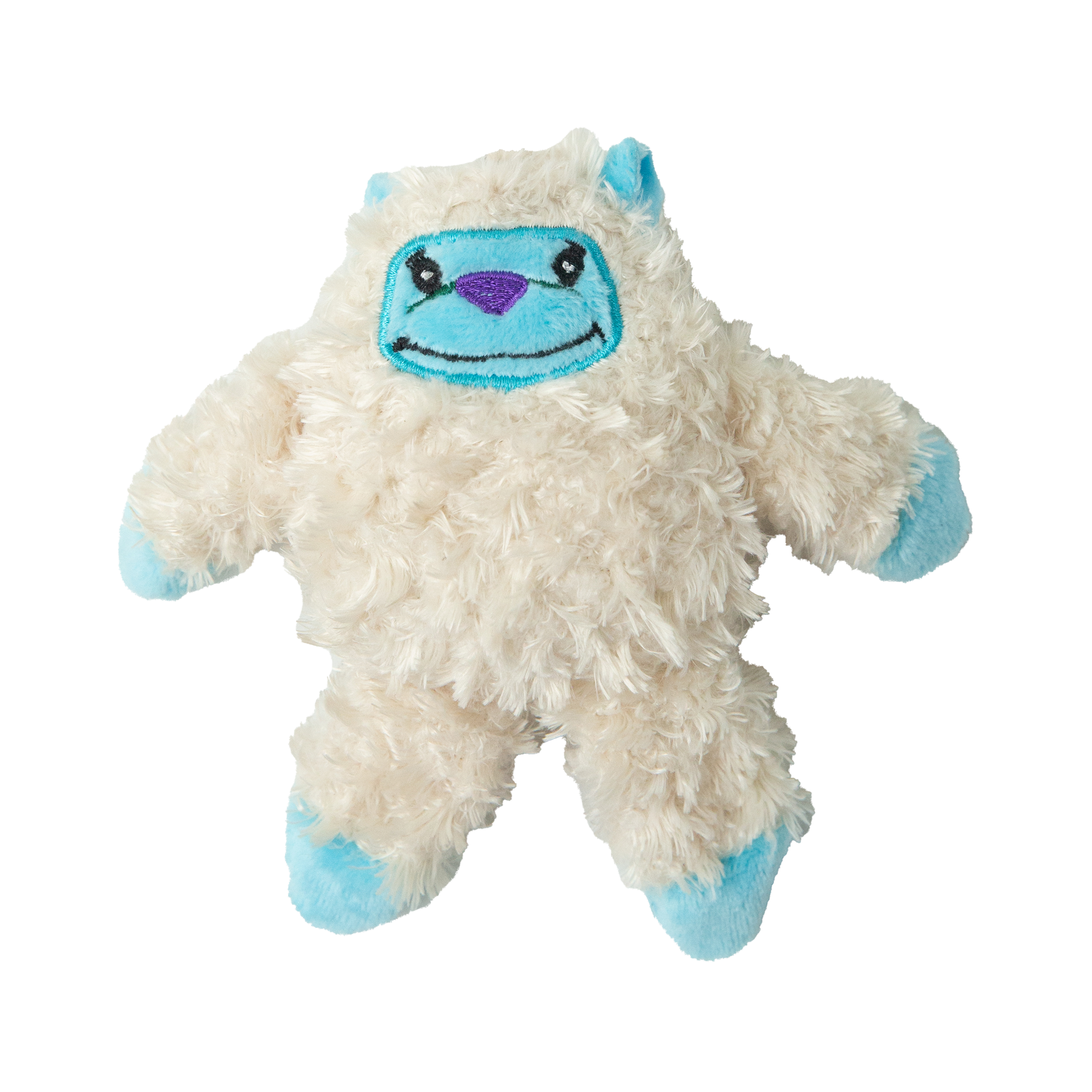 The Snugarooz Kitty Yeti with Catnip is a plush cat toy featuring fluffy cream fur, blue accents, and a stitched smiling face—perfect for playful cats who enjoy a cute, catnip-filled toy.