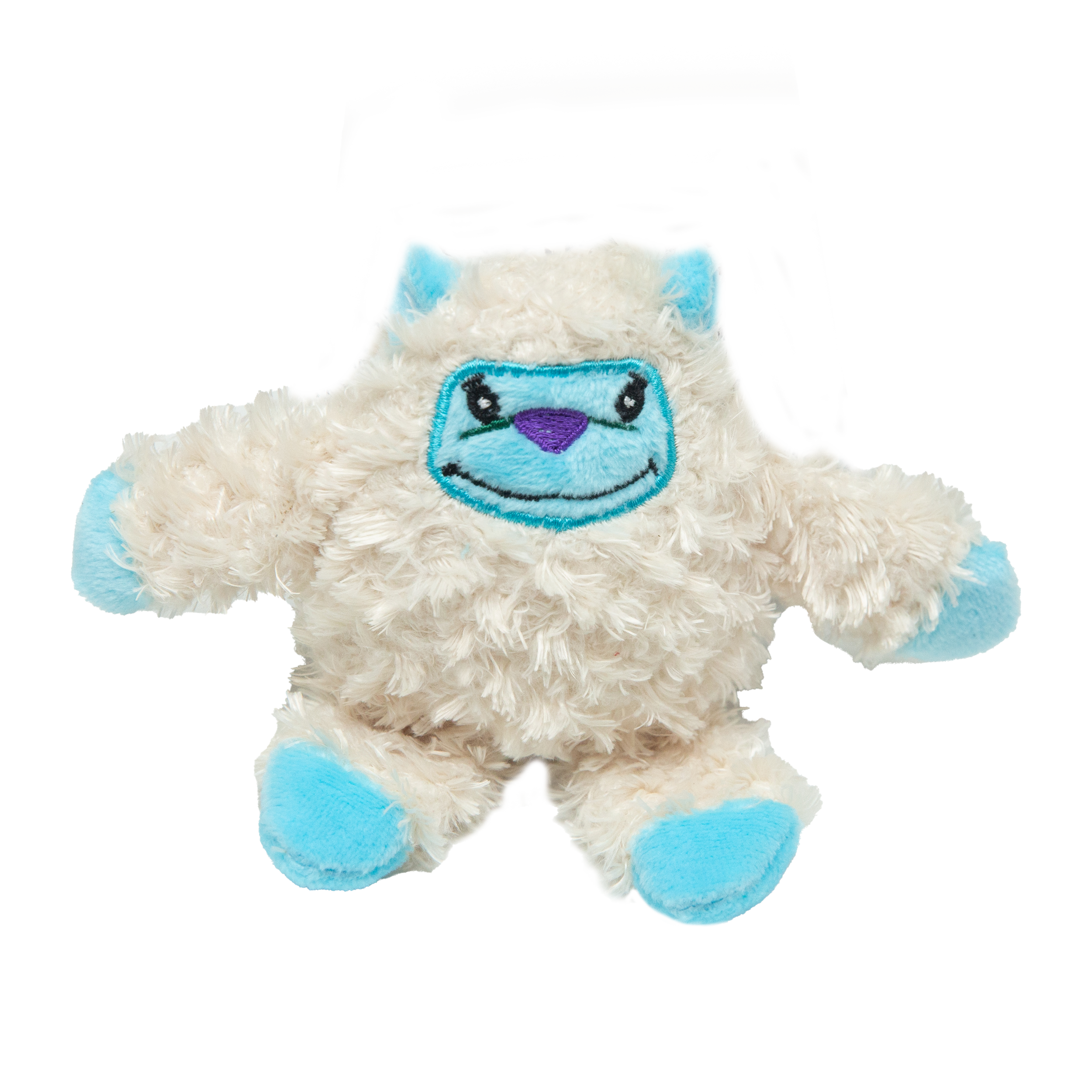 The Snugarooz Kitty Yeti with Catnip is a plush cat toy featuring fluffy cream fur, blue accents, and a stitched smiling face—perfect for playful cats who enjoy a cute, catnip-filled toy.