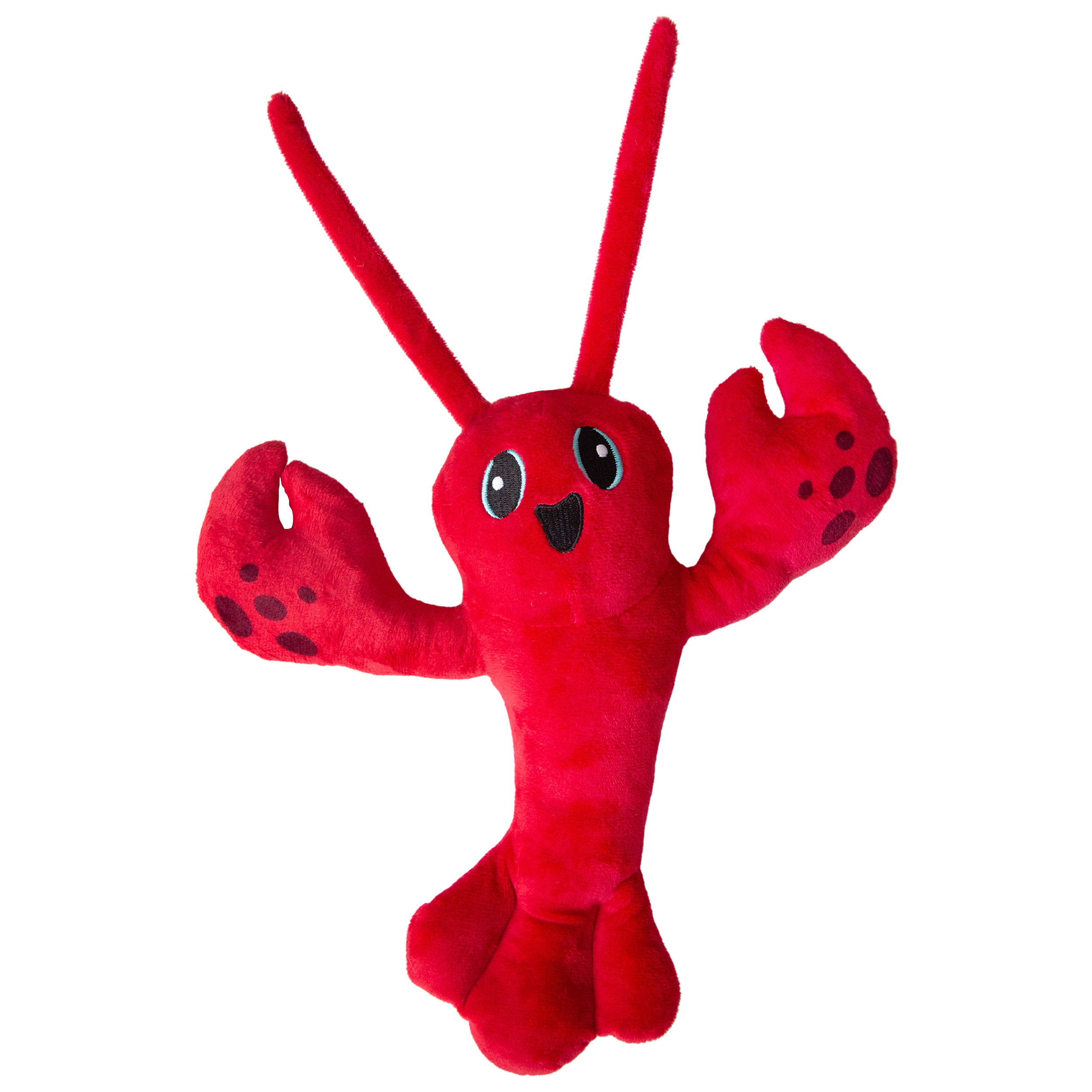 Luca the Lobster by Snugarooz is a bright red plush dog toy with large claws, long antennae, a smiling face, and a fun squeaker, made from recycled water bottles.