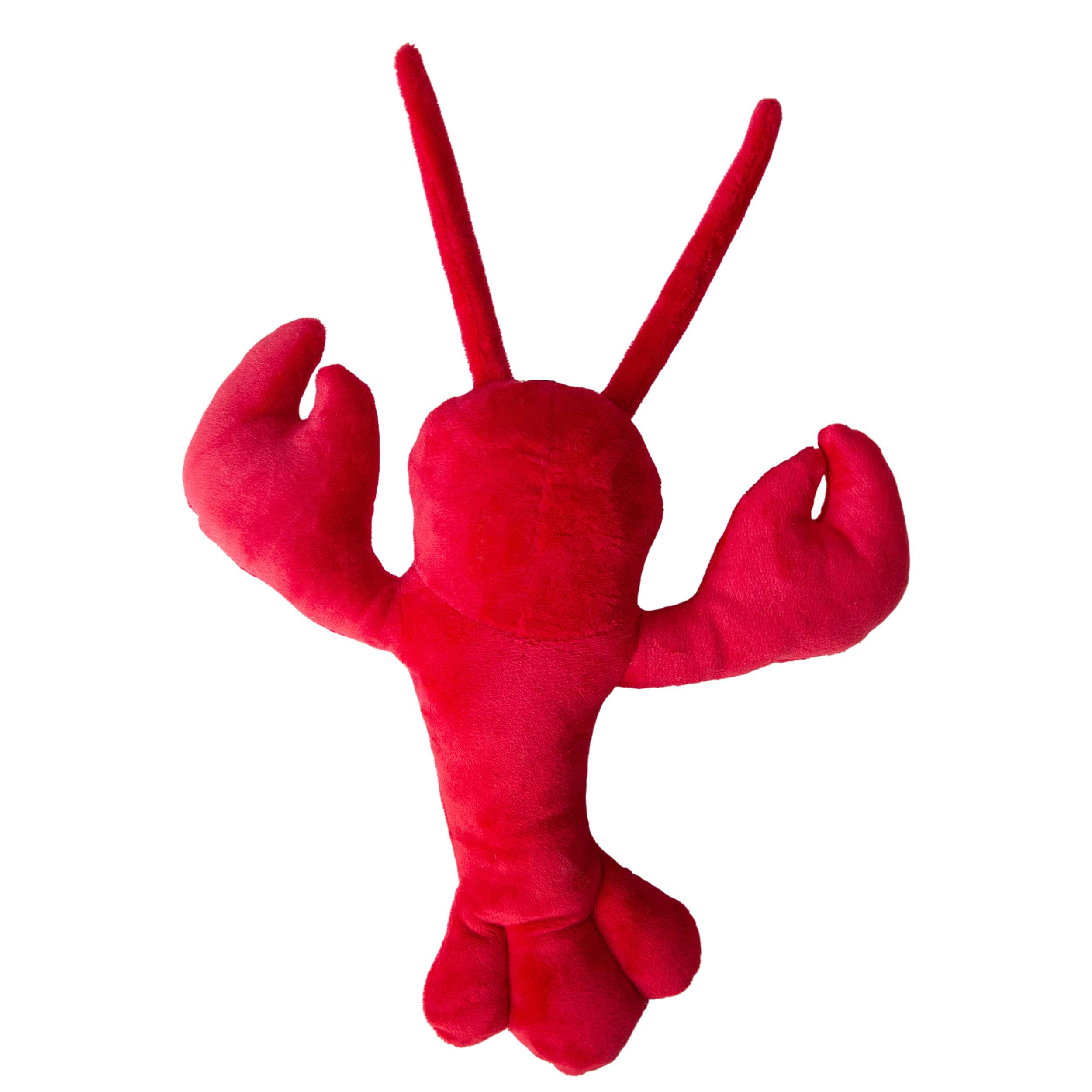 Luca the Lobster by Snugarooz is a bright red plush dog toy with large claws, long antennae, a smiling face, and a fun squeaker, made from recycled water bottles.