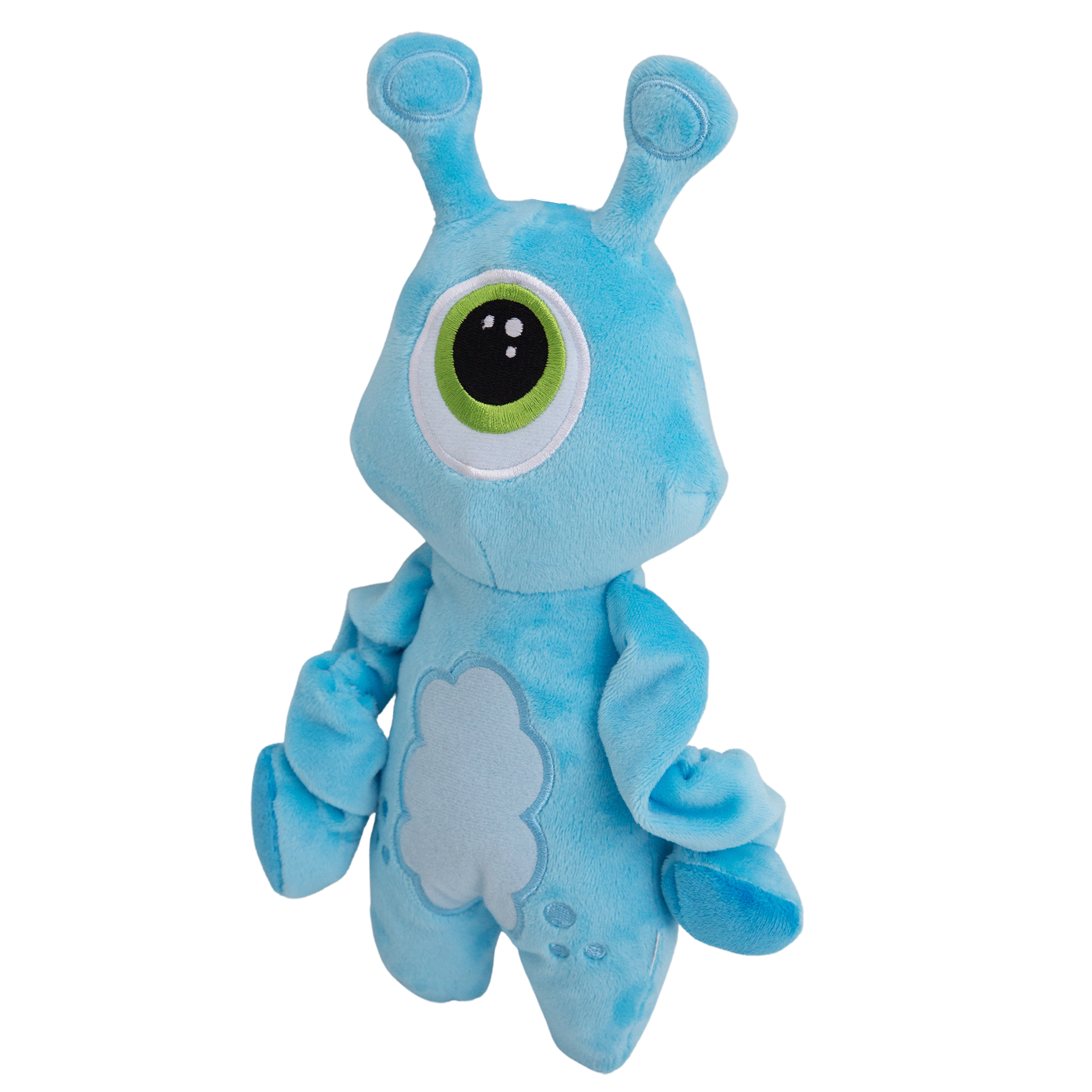 Luna the Alien by Snugarooz is a blue plush dog toy with two antennae, a large green and black eye, small belly spots, and cloud-shaped patterns—an eco-friendly pick for playful pups.