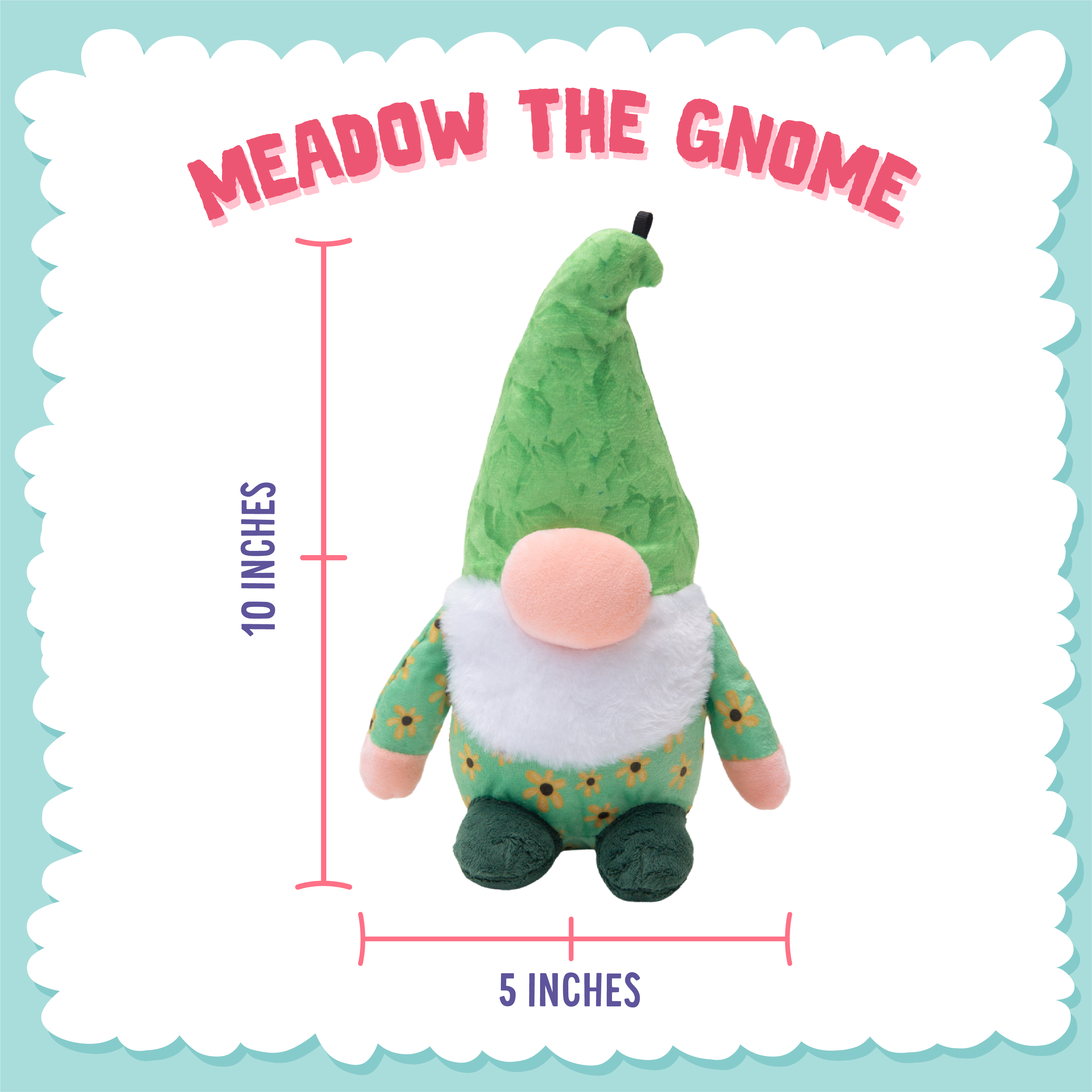 Meadow the Gnome by Snugarooz features a tall green hat, pink nose, white beard, yellow floral shirt, and dark green shoes. This whimsical squeaky dog toy sits upright against a white background—perfect for your pup.