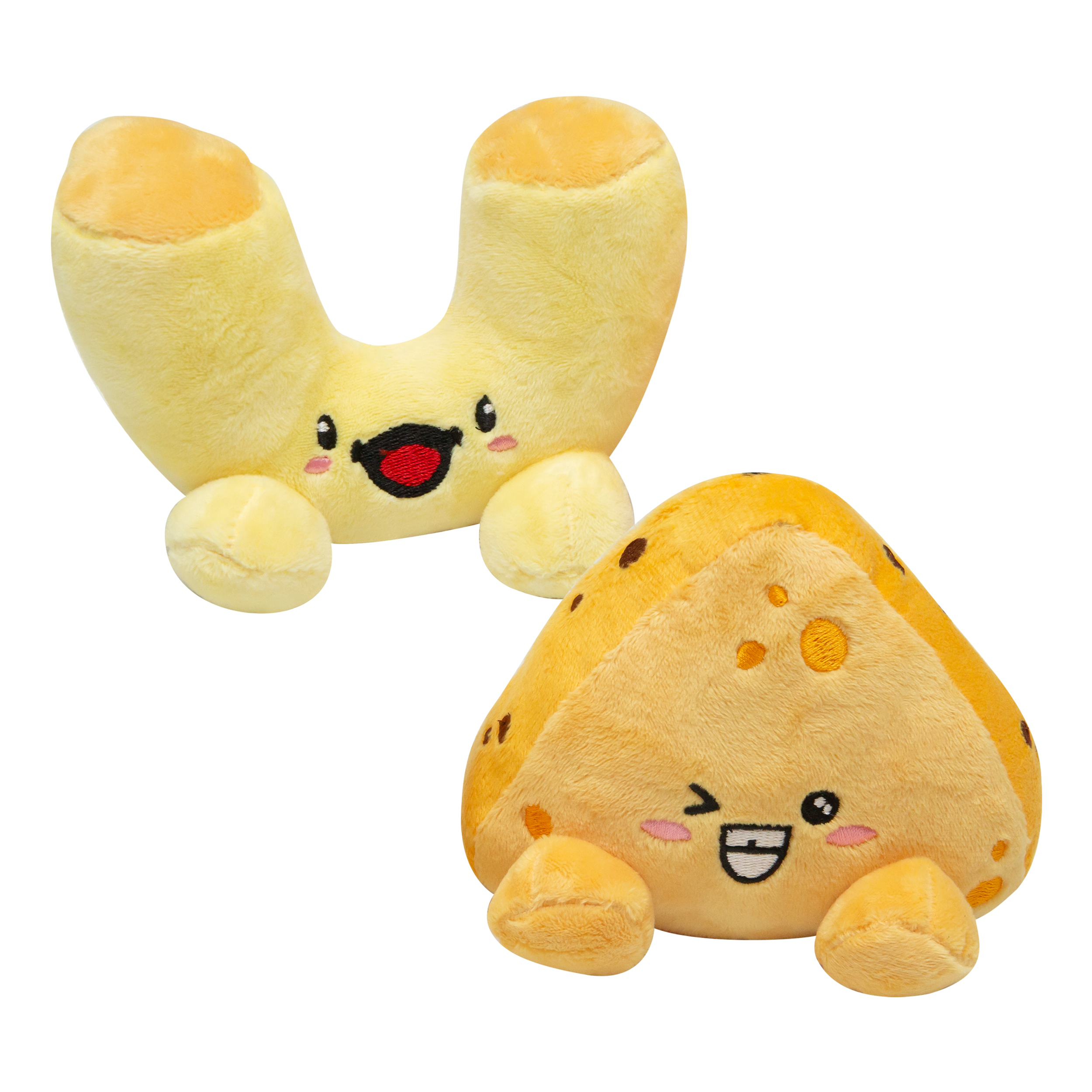 The Snugarooz Mac and Cheese 2pk features two adorable yellow plush toys—one U-shaped with a happy face and one triangular, both with round feet—perfect eco-friendly additions to your dog's toy collection.