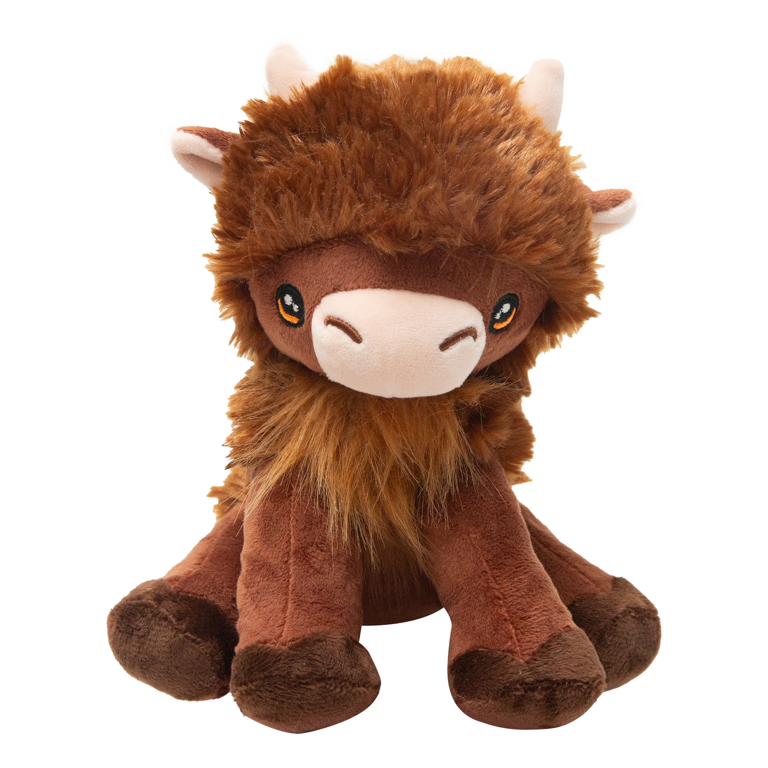 Nyland the Highland by Snugarooz is a plush dog toy featuring soft brown fur, round eyes, small white horns, and a fluffy mane, sitting upright against a white background.