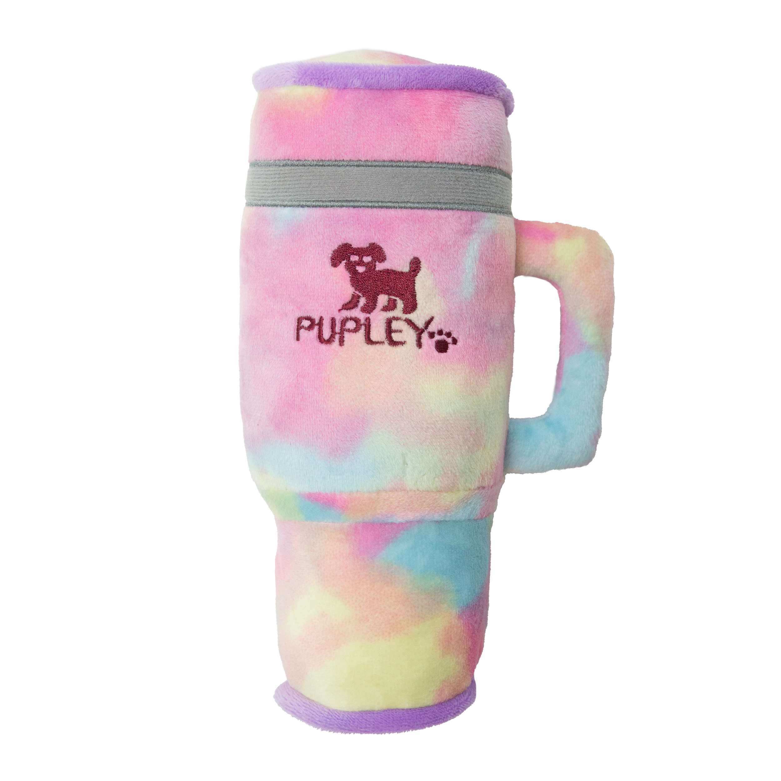 The Snugarooz Pupley is a plush, pastel tie-dye iced coffee dog toy shaped like a travel mug with handle, featuring "PUPLEY" text and an embroidered dog outline with paw print on the front.