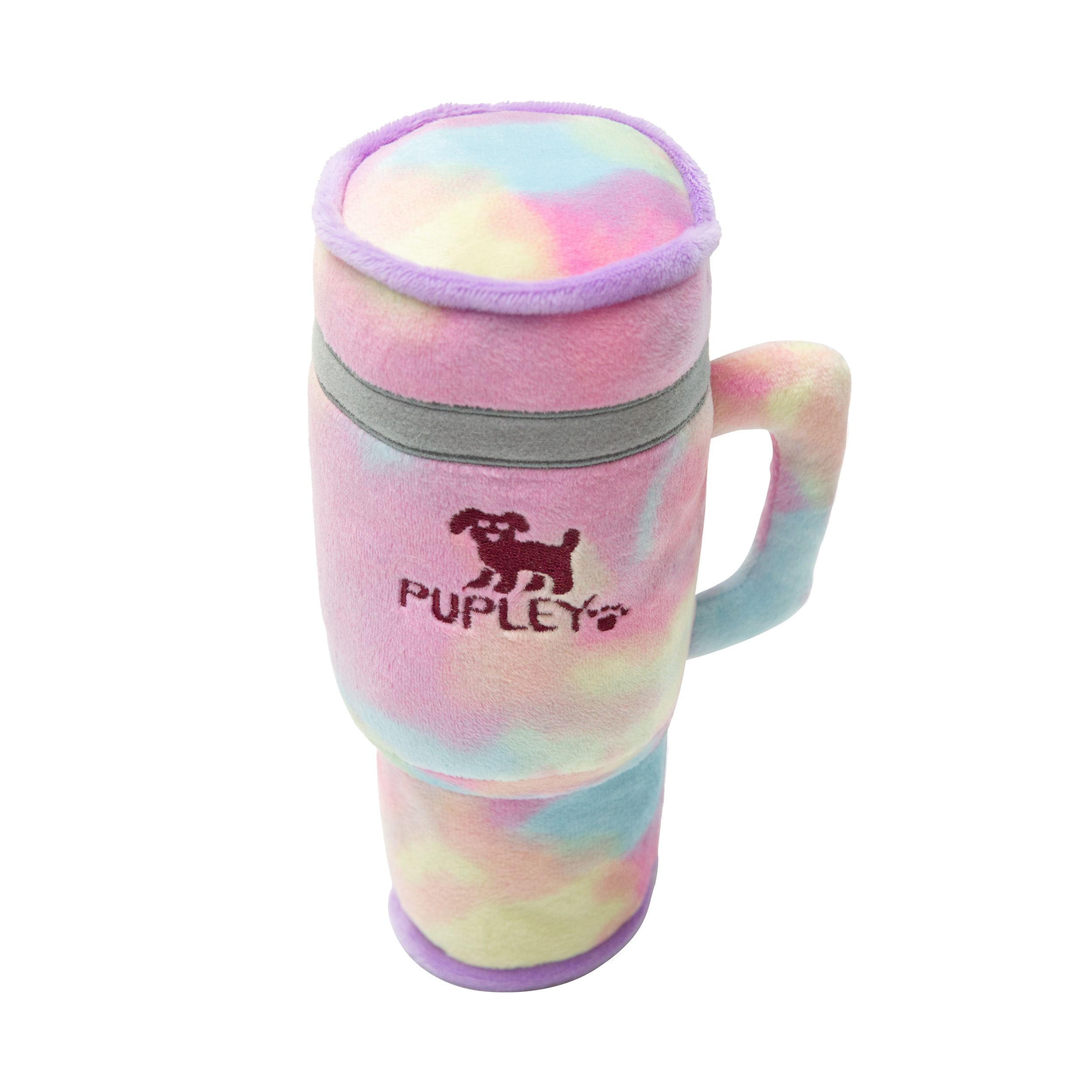 The Snugarooz Pupley is a plush, pastel tie-dye iced coffee dog toy shaped like a travel mug with handle, featuring "PUPLEY" text and an embroidered dog outline with paw print on the front.