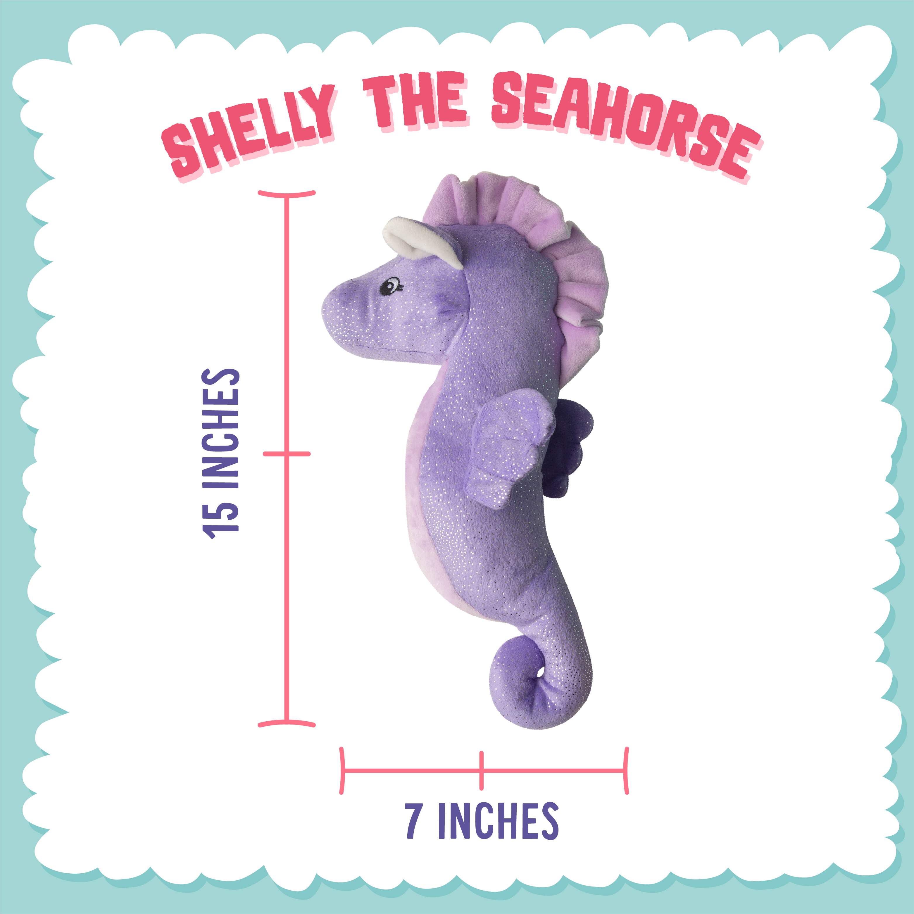 Shelly the Sea Horse by Snugarooz is an adorable, eco-friendly dog toy in purple and lavender with sparkly wings, a curled tail, and a white mane—perfect for your pet.