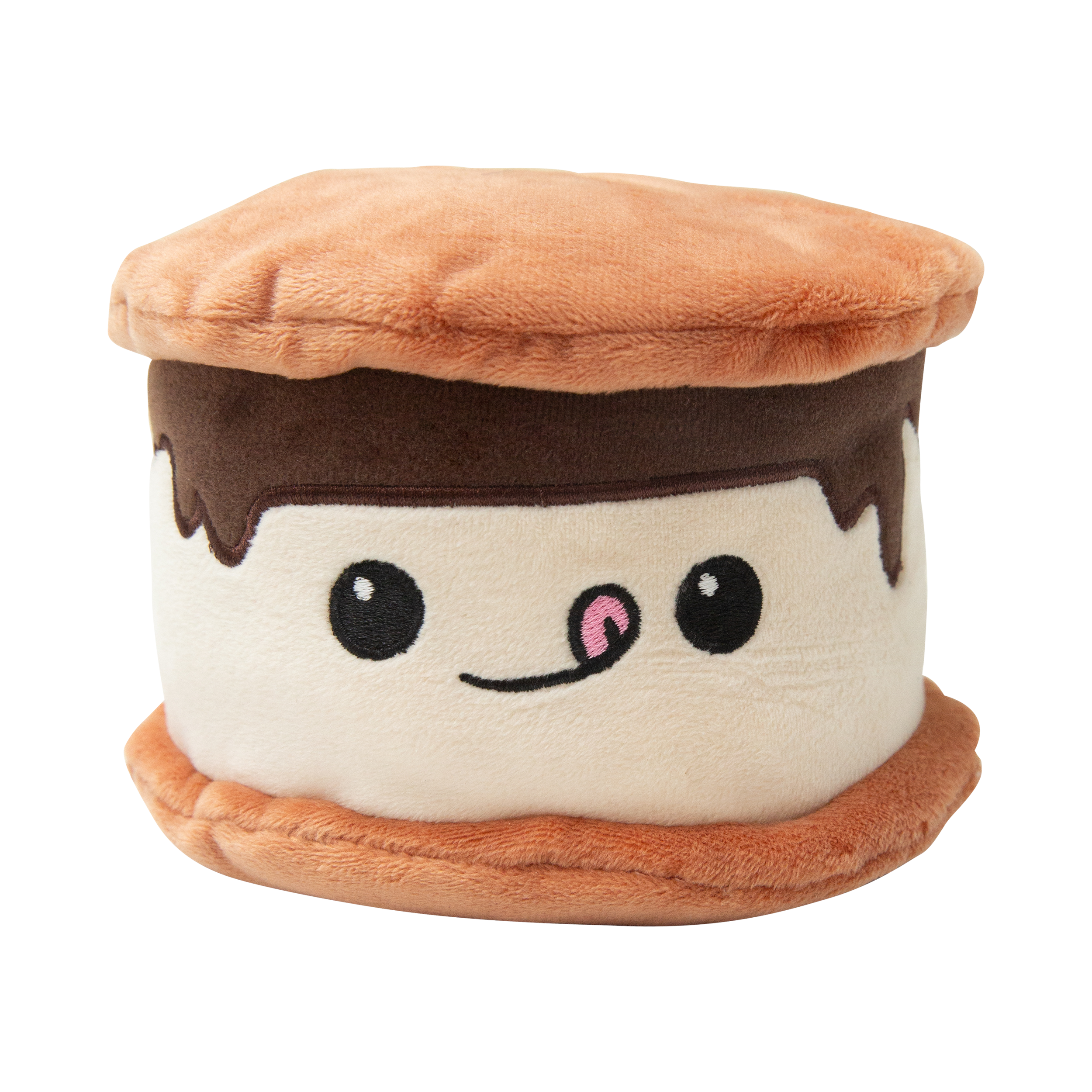 Summer the Smore by Snugarooz is an eco-friendly plush dog toy shaped like a smiling s’more, featuring tan cracker layers, a brown chocolate center, and adorable details—perfect for playful pups.