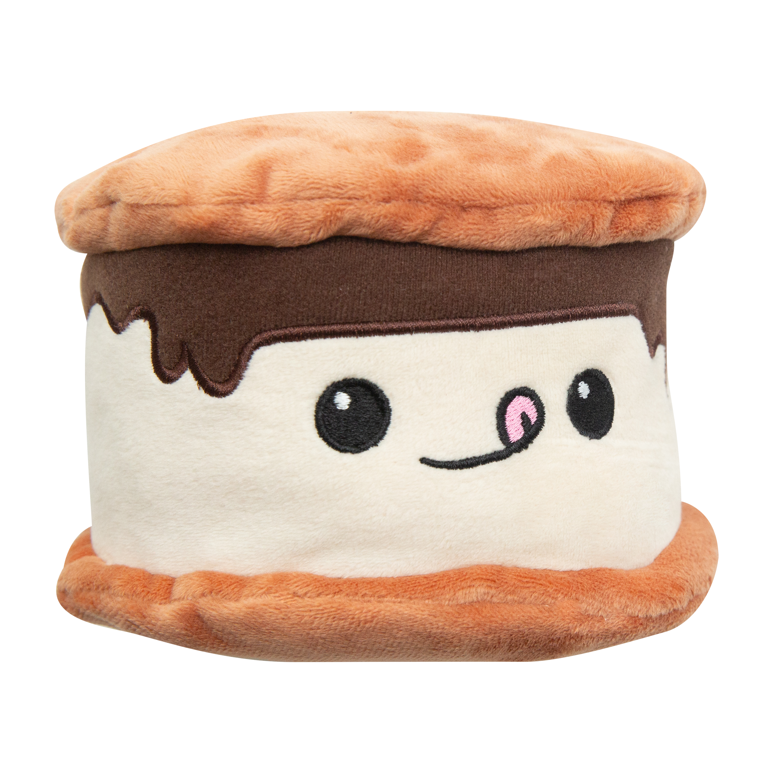 Summer the Smore by Snugarooz is an eco-friendly plush dog toy shaped like a smiling s’more, featuring tan cracker layers, a brown chocolate center, and adorable details—perfect for playful pups.