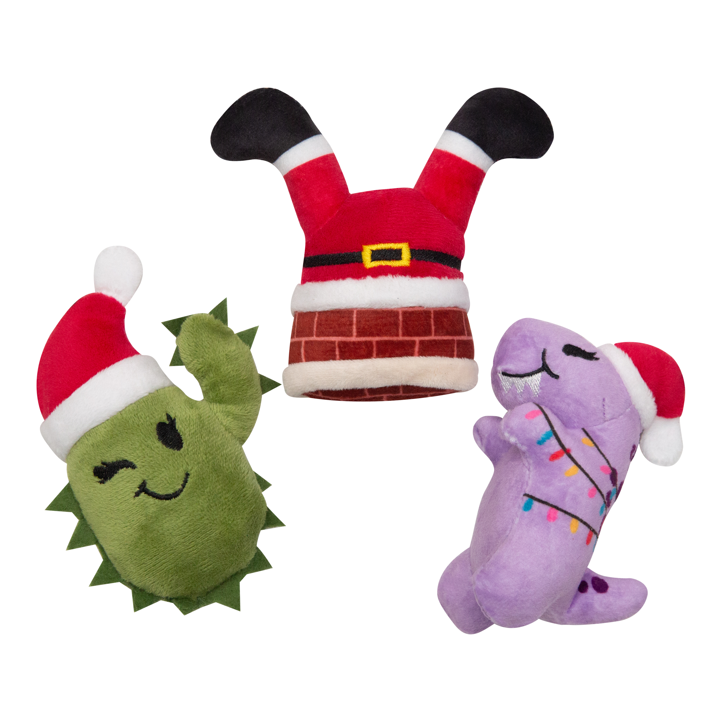 Celebrate with your pup using Snugarooz’s Santa’s Fun 3 pk—includes a festive cactus in a Santa hat, a purple Baby T-Rex with holiday lights, and Santa legs in a chimney. Perfect Christmas dog toys on a white background.