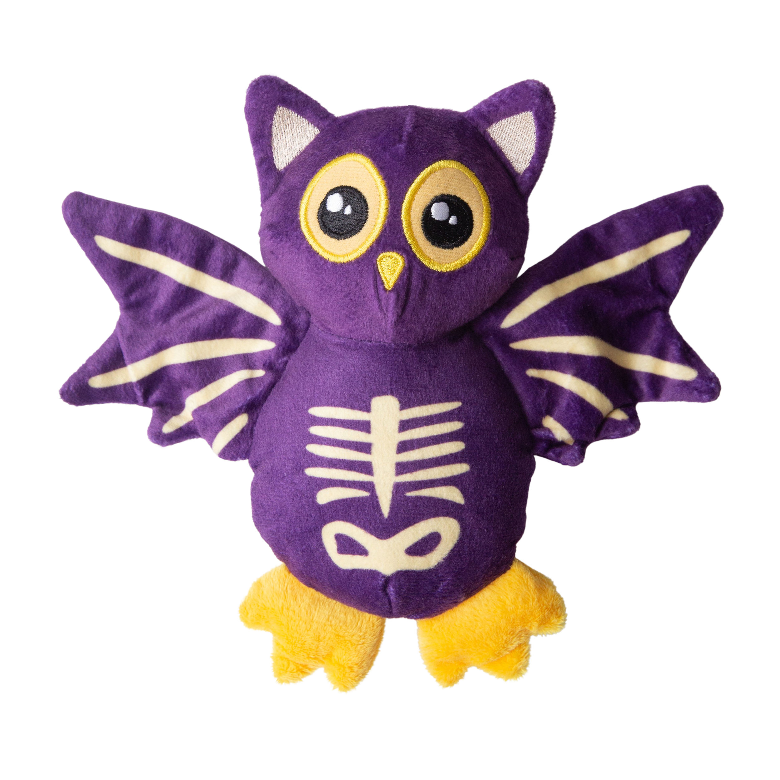The Snugarooz Skel E Bat is a plush Halloween dog toy shaped like a purple owl with large yellow eyes, striped wings, yellow feet, and cream-colored bone patterns on its chest and wings for a skeletal look.