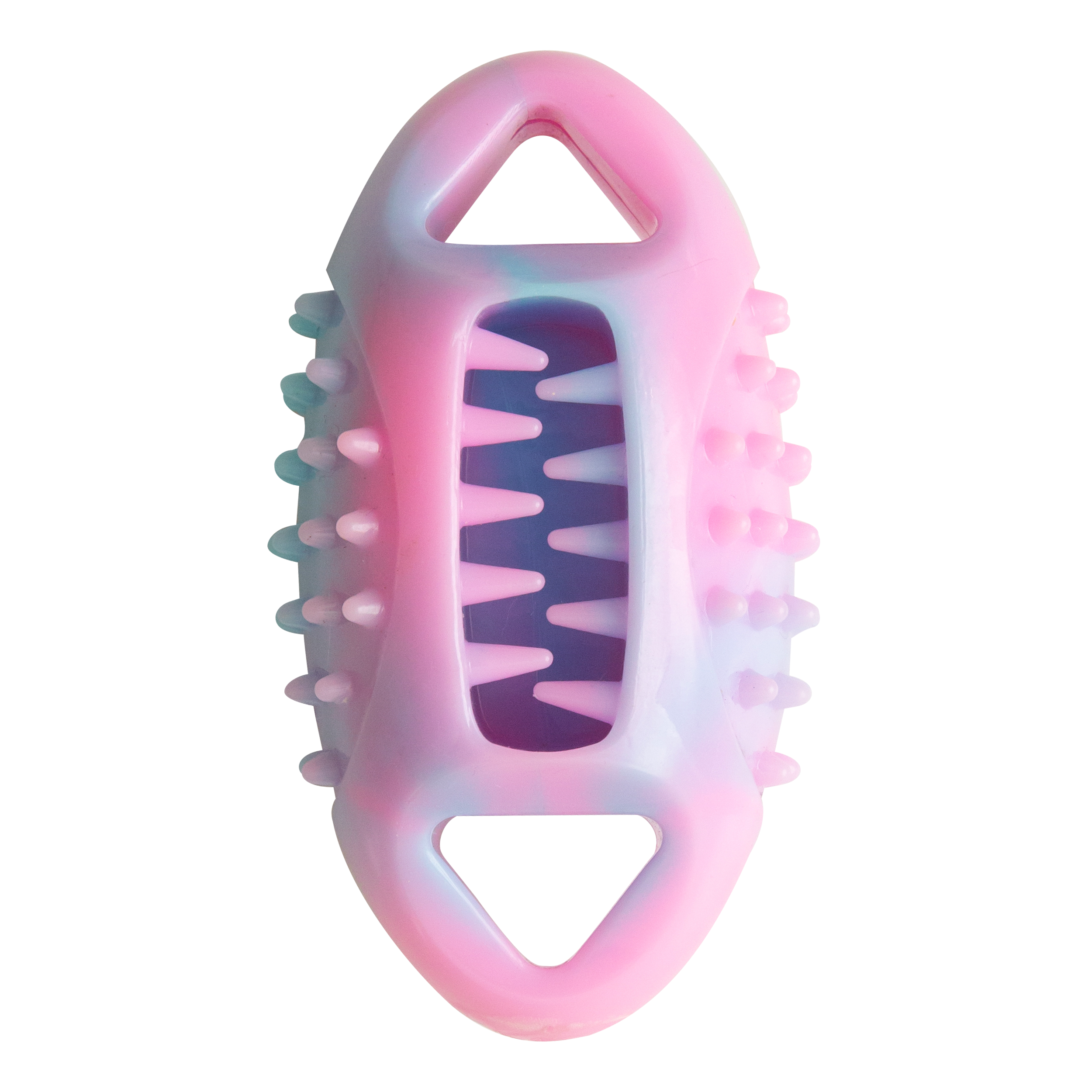 The Snugarooz Snug-A-Feast is a pink and purple silicone interactive treat toy with triangular holes at each end plus soft, rounded spikes along the sides and inside the center opening.