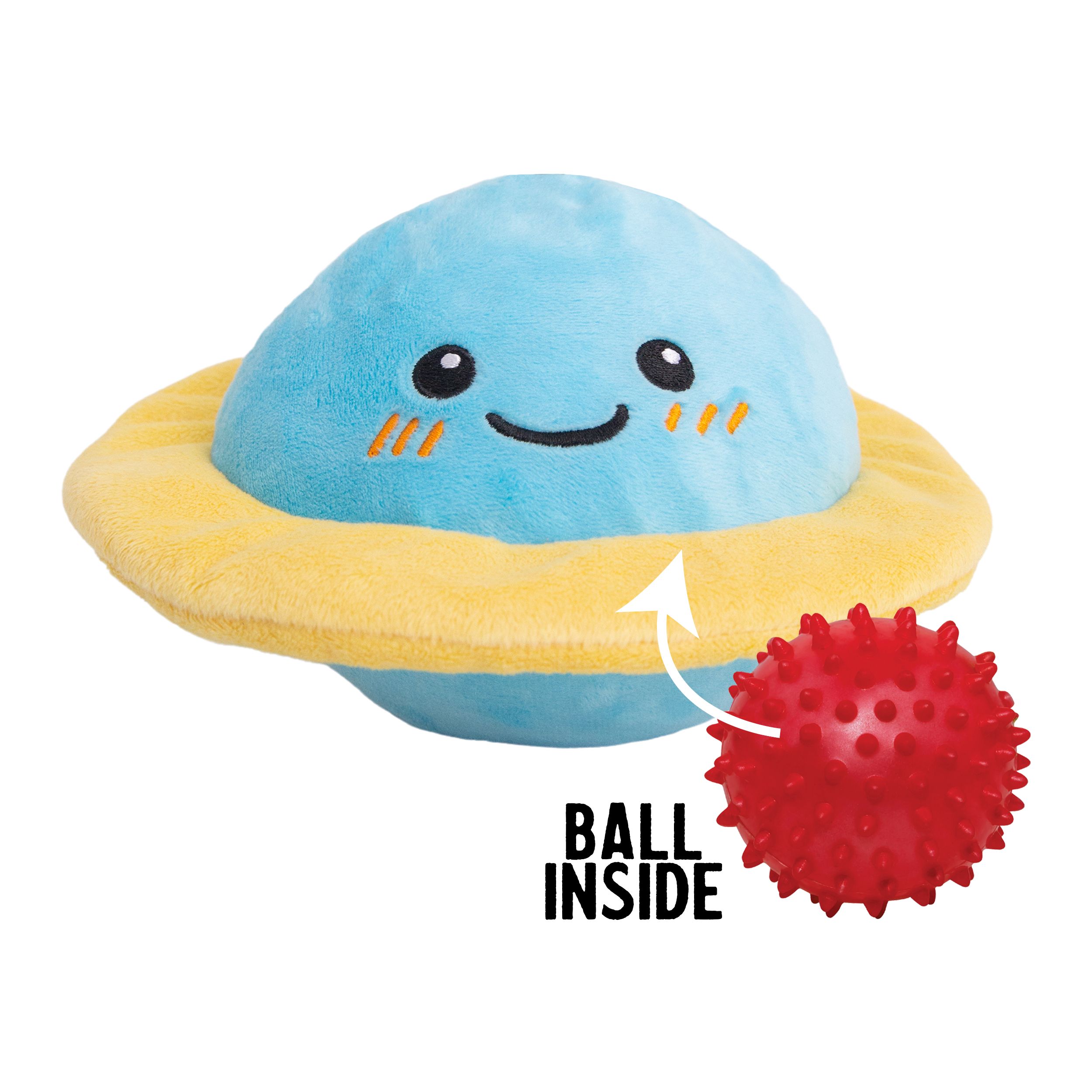 The Snugarooz Soothing Saturn is a plush blue and yellow planet with a smiling face, shown next to a red textured ball and an arrow labeled "BALL INSIDE.