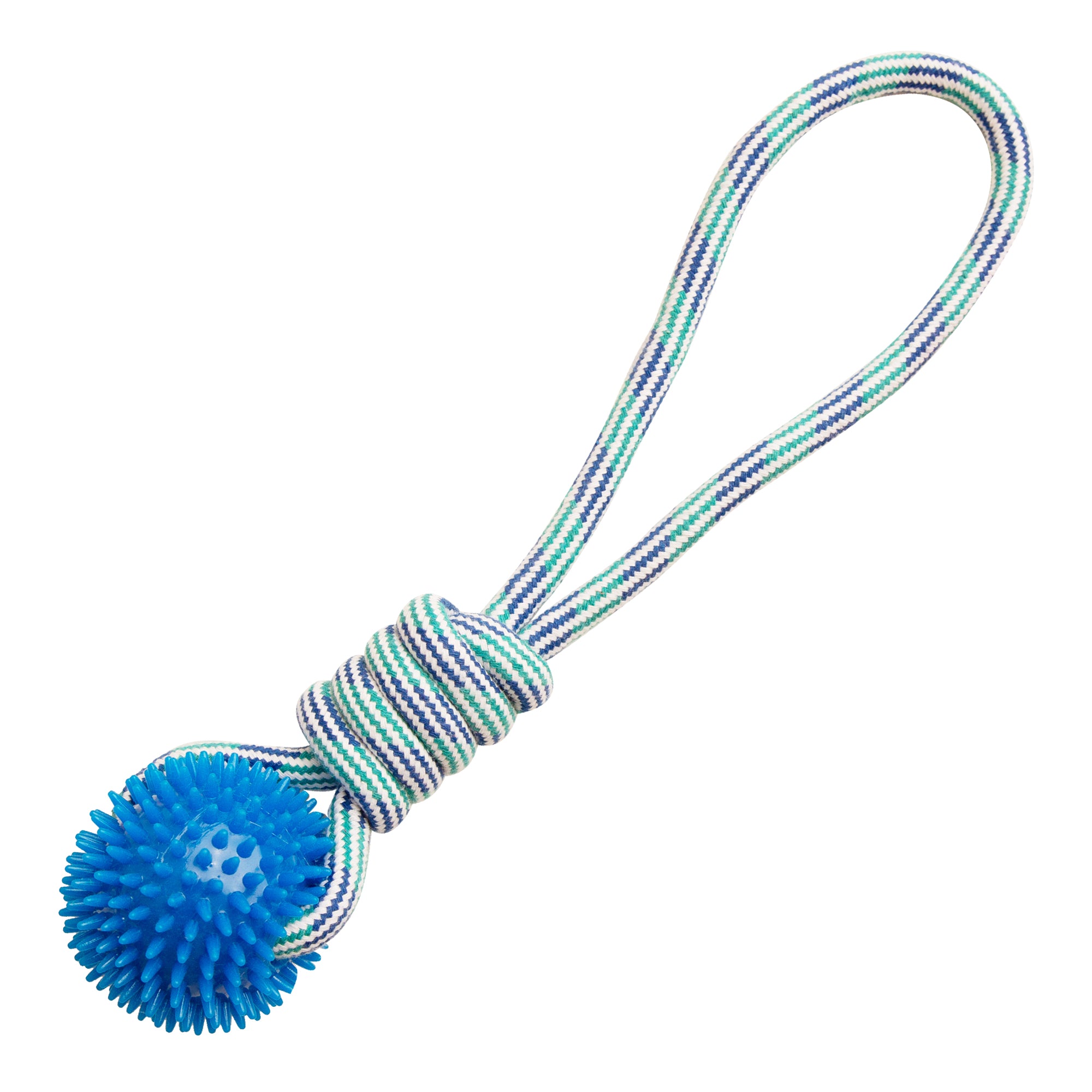 The Snugarooz Spike-O-Mite is a blue spiky ball dog toy with a striped looped rope, perfect for large dogs to chew or enjoy tug-of-war. This durable toy encourages interactive play and fun for your pet.